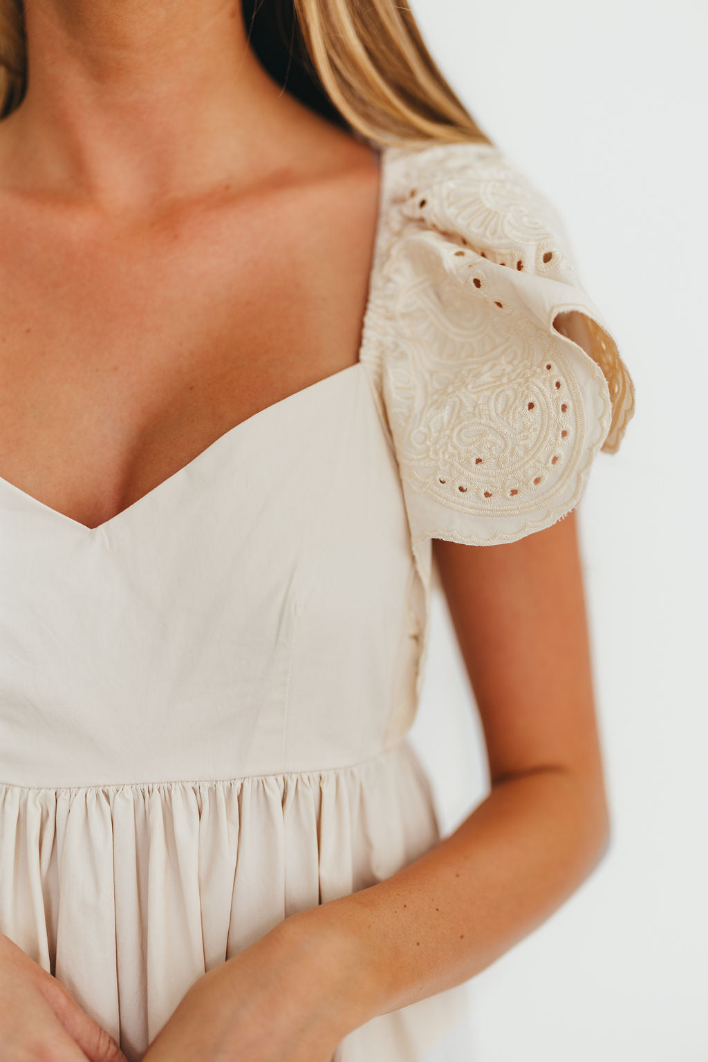Brooklyn 100% Cotton Eyelet Detail Maxi Dress in Natural - Flowy Summer Dress for Beach, Wedding & Casual Wear | Breathable & Comfortable Women's Fashion