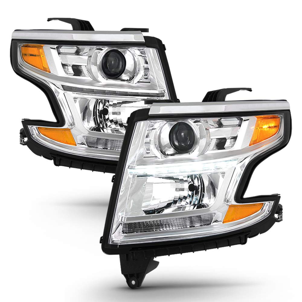 ACANII LED DRL Headlights for 2015-2020 Chevy Tahoe Suburban - Chrome Housing Headlamps Pair (Driver & Passenger Side) - Upgrade Your Vehicle's Style & Visibility for Night Driving & Off-Road Adventures