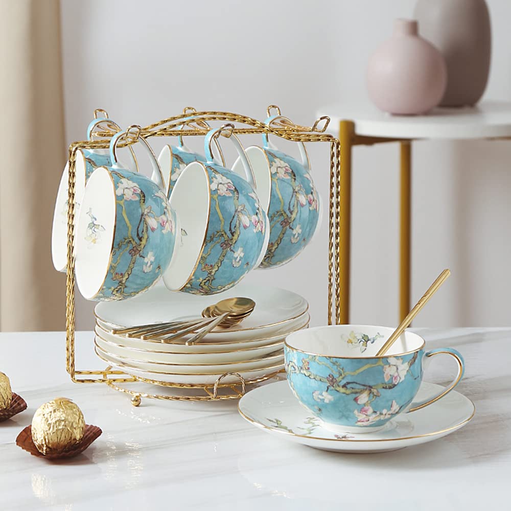 Luxury 6-Piece Tea Cup and Saucer Set with Gold Trim - 6oz Porcelain Coffee Cups with Metal Stand, British Royal Style for Afternoon Tea, Bridal Shower, and Elegant Home Decor