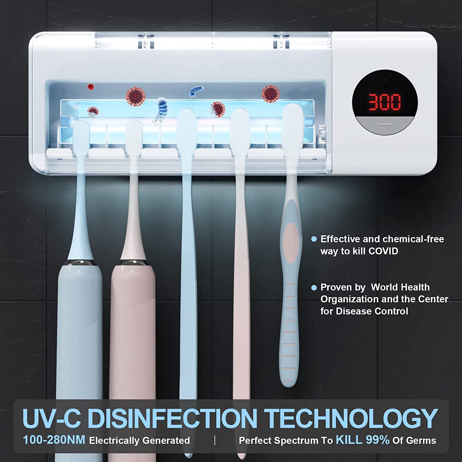 HouseGem Smart Toothbrush Holder with Timer - 2000mAh Rechargeable, Wall-Mounted Bathroom Organizer (White) - Perfect for Electric Toothbrush Storage & Bathroom Countertop Organization