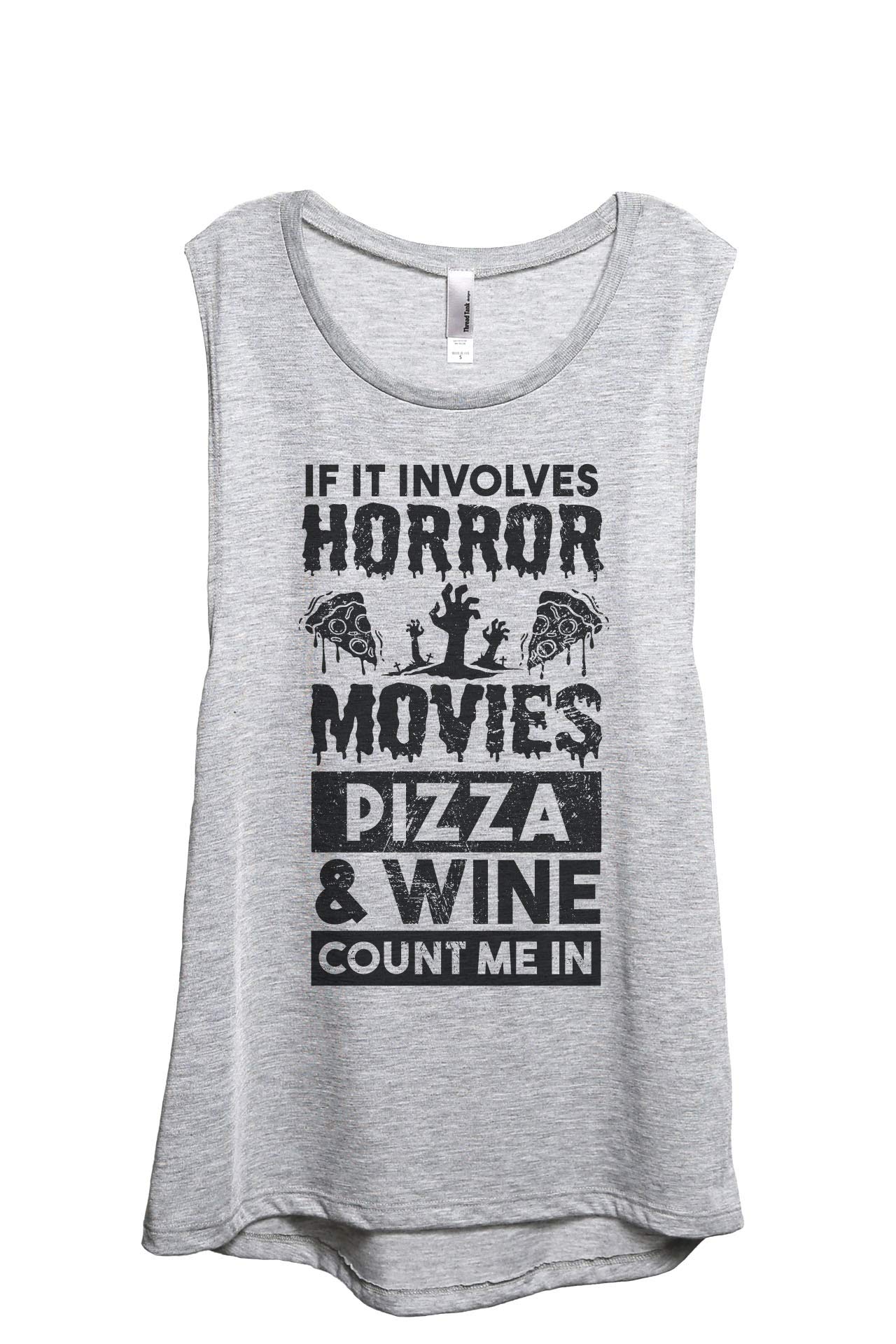 Horror Movie Pizza & Wine Women's Sleeveless Muscle Tank Top - Casual Summer Outfit for Parties, Concerts & Girls Night Out