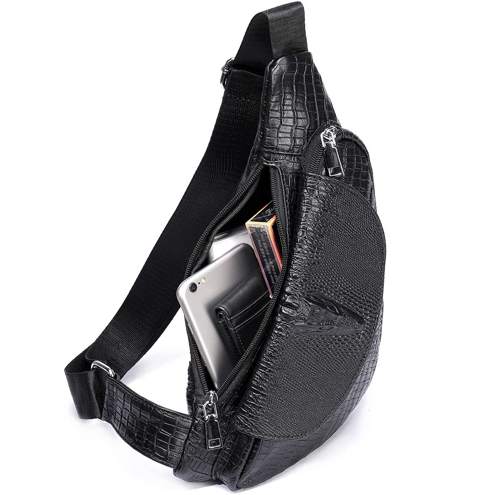 **NIUCUNZH Genuine Leather Crocodile Sling Bag for Women & Men - Crossbody Shoulder Purse Backpack, Black - Perfect for Travel, Work & Daily Use**