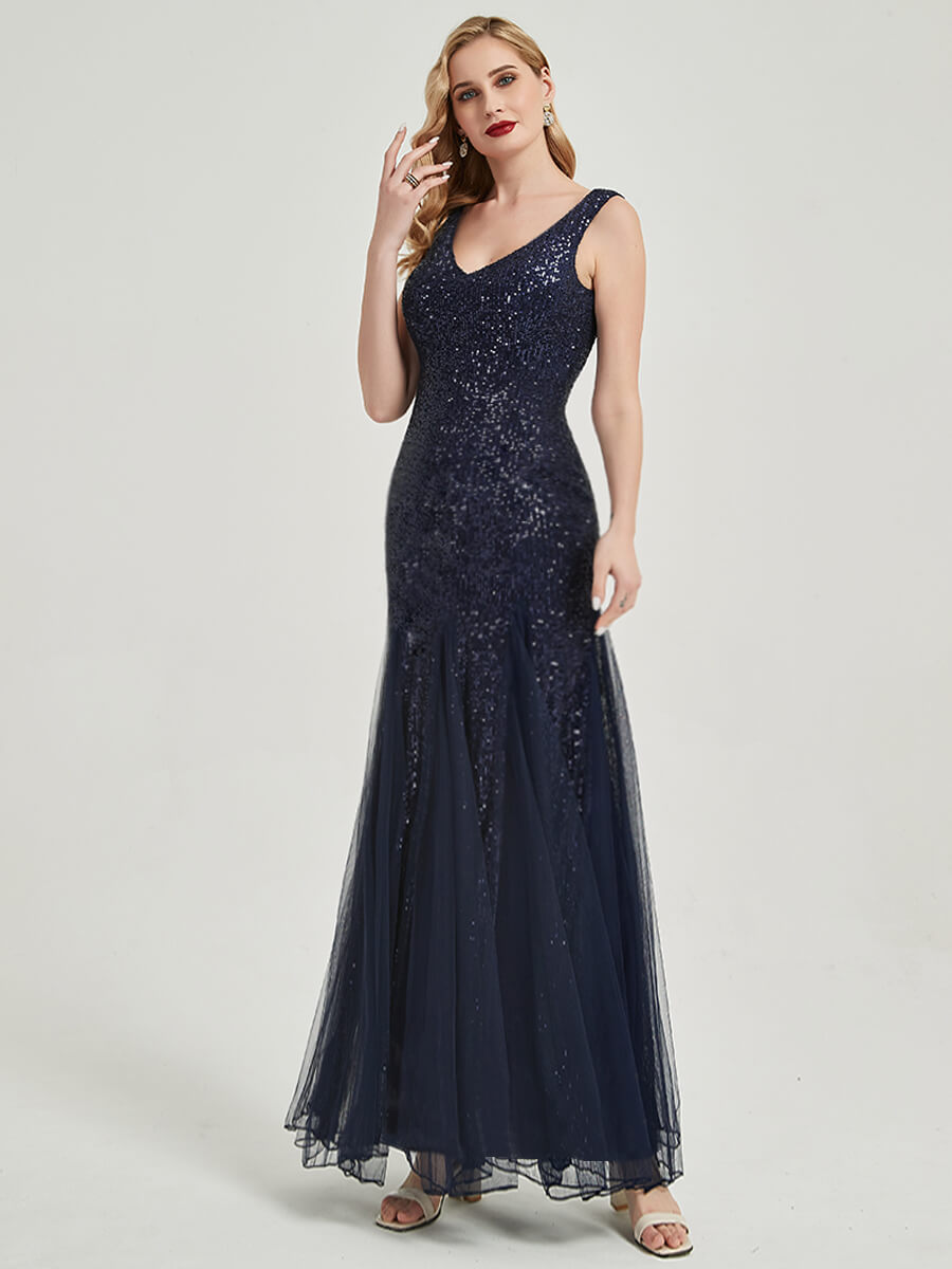 Elegant Dark Navy Sequin Tulle V-Neck Sleeveless Maxi Mermaid Evening Dress for Prom, Wedding & Formal Events | Plus Size Available