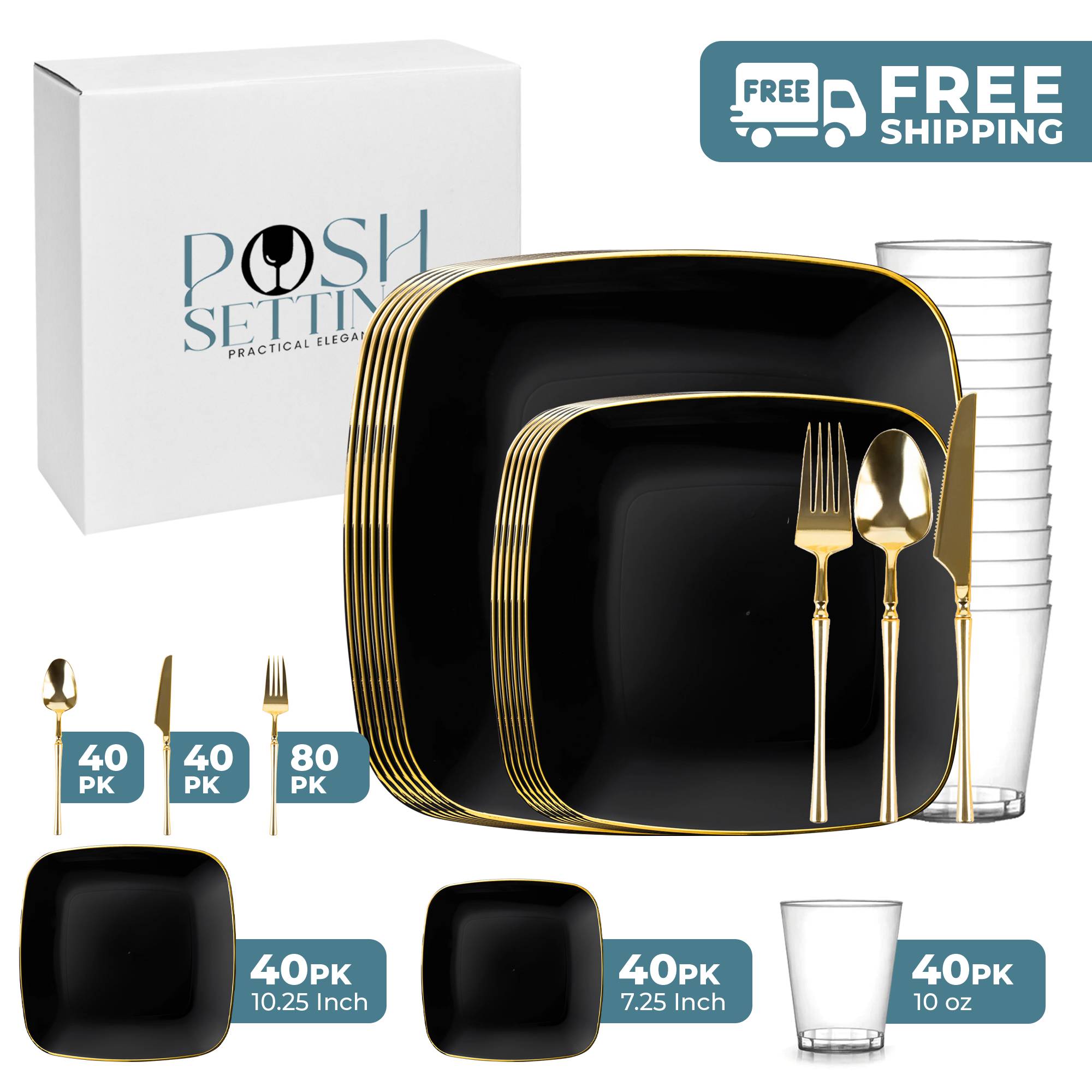 Black and Gold Plastic Party Bundle - Classic Square Disposable Plates, Cups, and Cutlery Set for Birthday, Wedding, and Holiday Celebrations