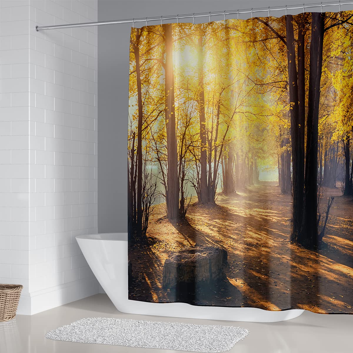 4Pcs Waterproof Shower Curtain Set with Non-Slip Bath Mat - Fall Forest Scenery Design for Bathroom Decor, Includes Toilet Cover & 12 Plastic Hooks (A11) | Perfect for Autumn-Themed Bathrooms & Cozy Home Spa Experience