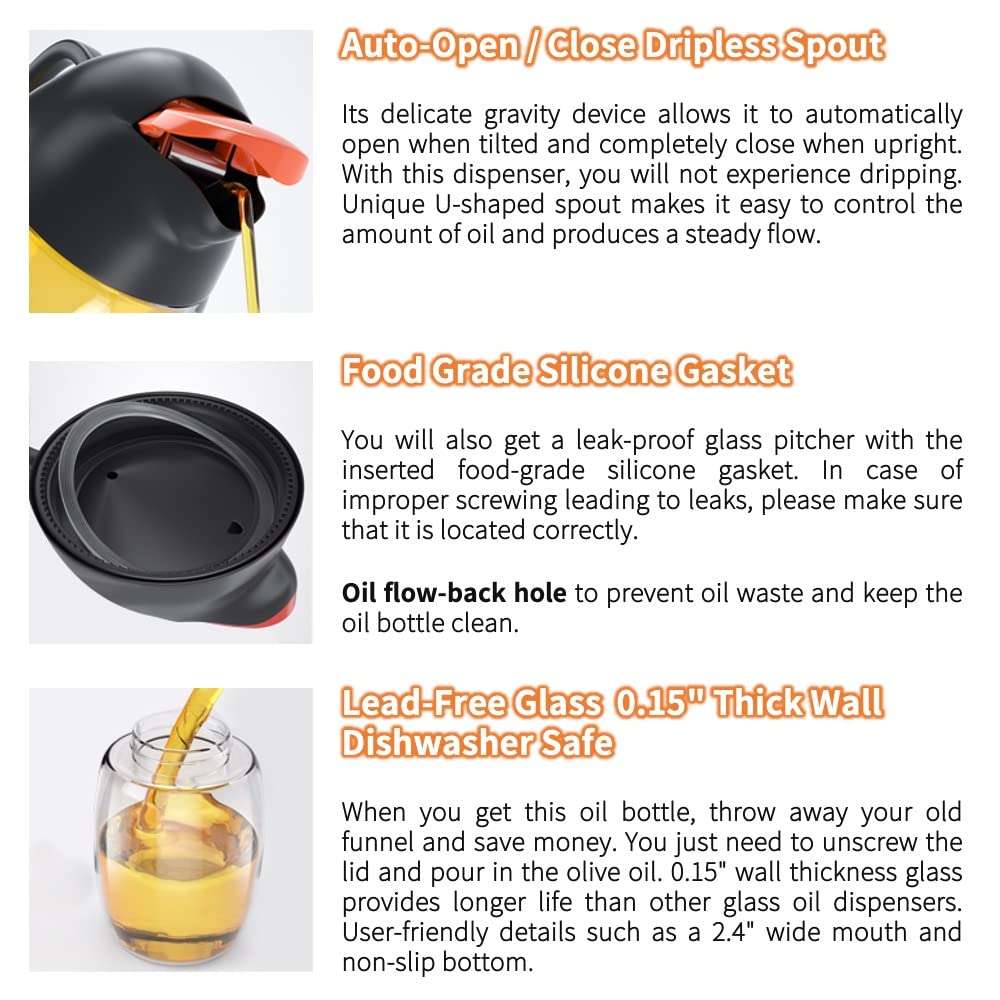 Premium Olive Oil Dispenser Bottle with Auto Flip Cap - 21oz Leakproof Kitchen Oil & Vinegar Cruet - Non-Slip Handle & No Drip Spout - Cute Penguin Design (Red) - Perfect for Cooking, Salad Dressing & Baking