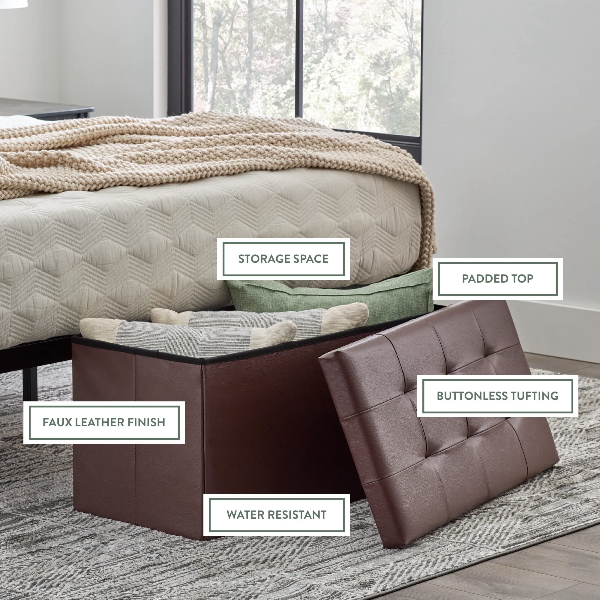 Edenbrook 30 Inch Rectangle Storage Ottoman with Buttonless Tufted Design - Sturdy Foot Rest Bench Holds 330 lbs - Brown Faux Leather for Living Room, Bedroom & Home Decor