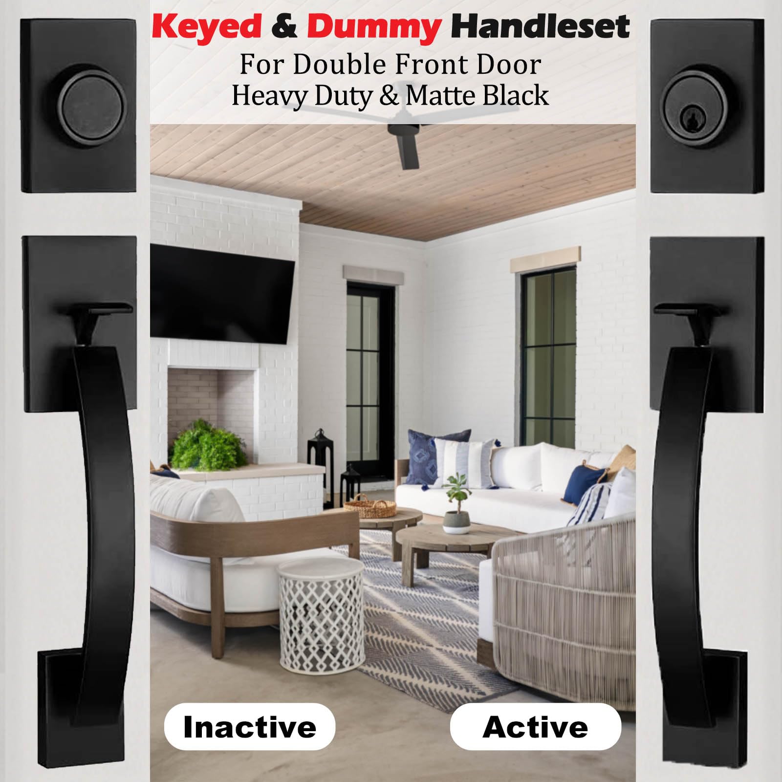 NEWBANG Matte Black Exterior Double Door Lever Handleset - Solid Brass Keyed & Dummy Door Lock Set (MDHST2017DB-SET-BR) for Home Entry, Patio & Security Doors