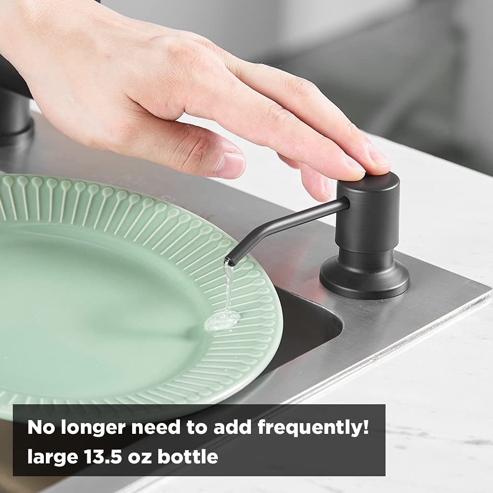 Stainless Steel Built-in Sink Soap Dispenser - 13.5oz Matte Black Top Refillable Kitchen Soap Dispenser for Sink | Perfect for Modern Kitchens, Bathrooms & Office Washrooms