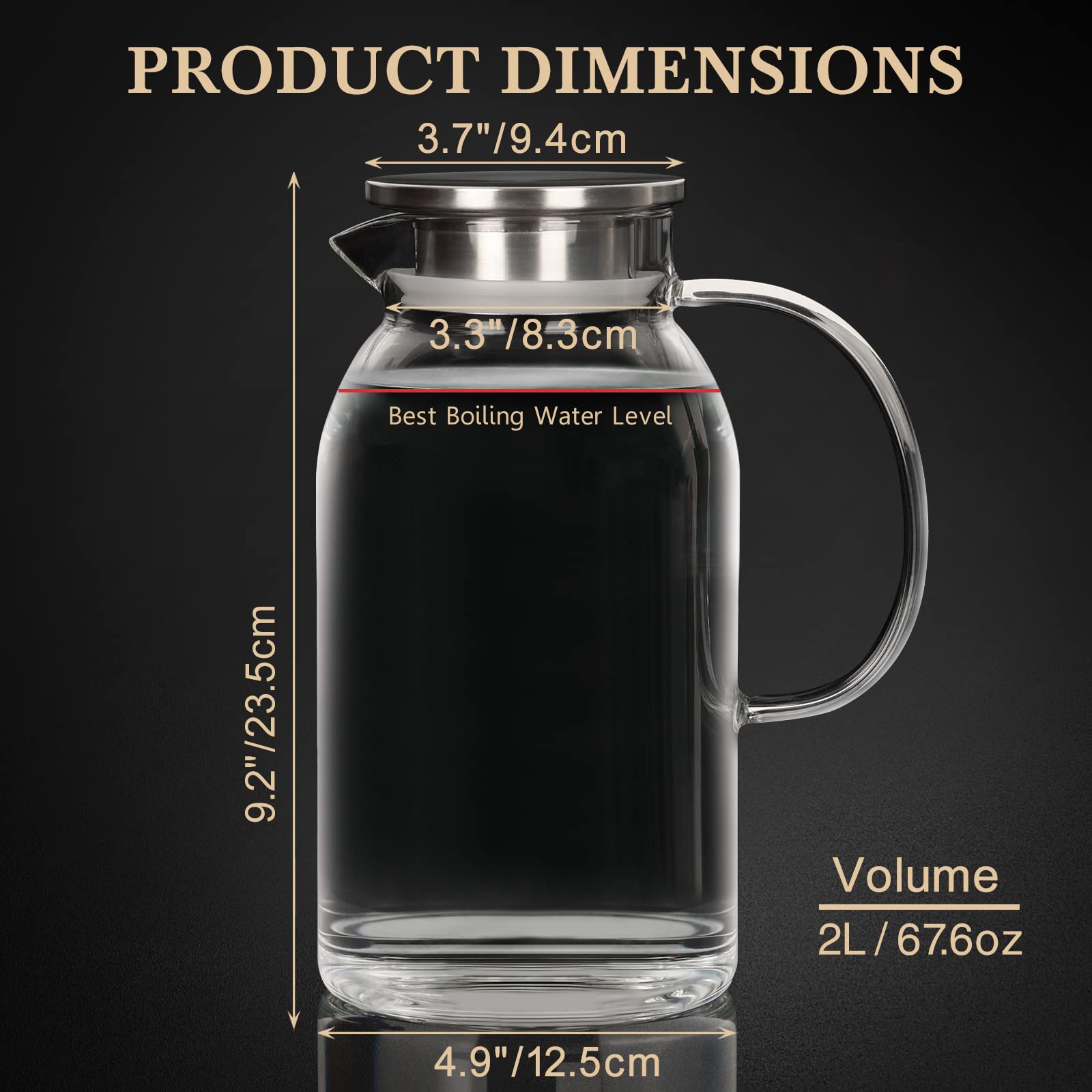 Premium Borosilicate Glass Teapot with Stainless Steel Lid & Ergonomic Handle - 67.6oz/2000ml Heat-Resistant Stovetop Safe Tea Kettle for Hot/Cold Beverages, Iced Tea & Fruit Infusions - Perfect for Home, Office & Tea Ceremonies