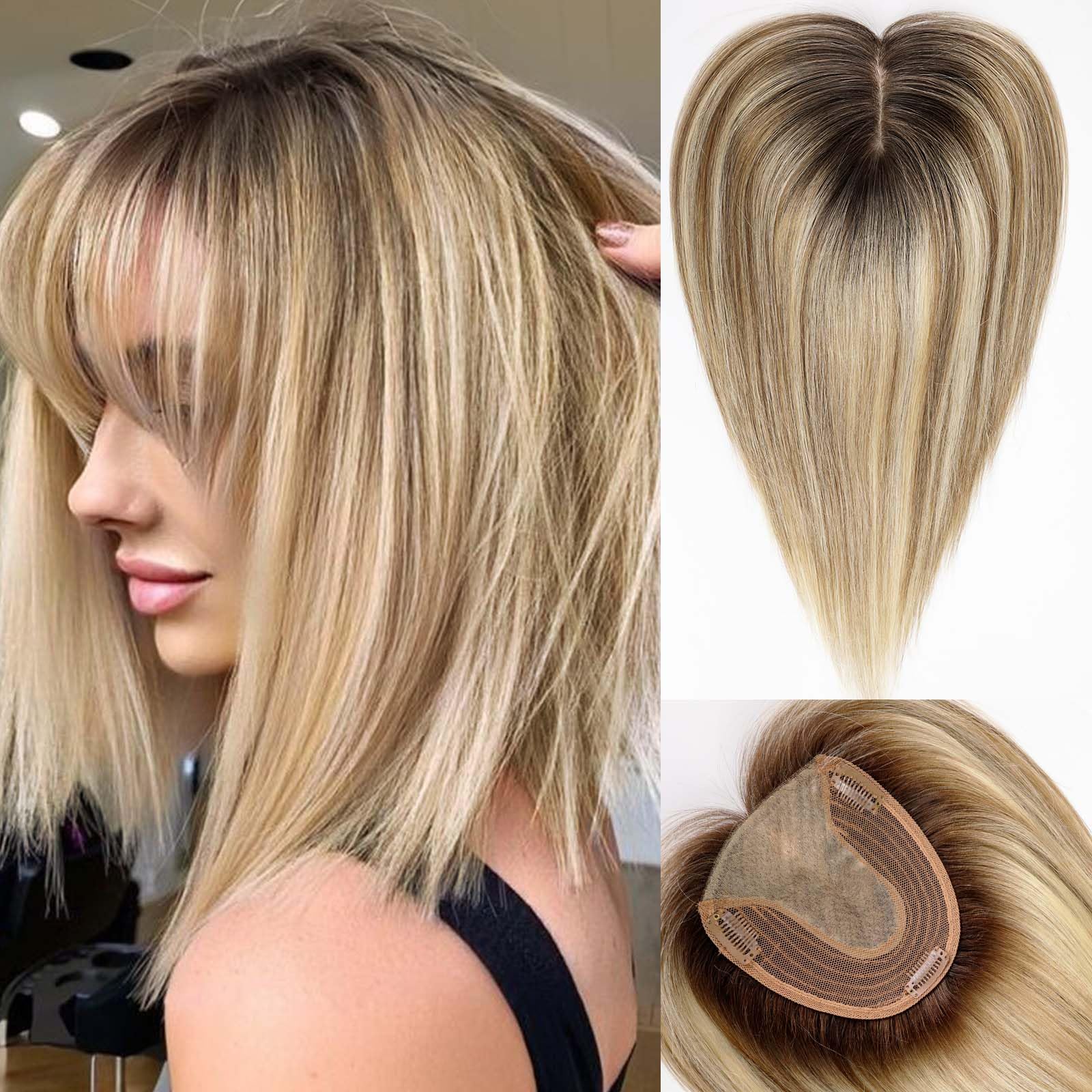 Starluck 14 Inch Real Human Hair Toppers for Women with Bangs - 5