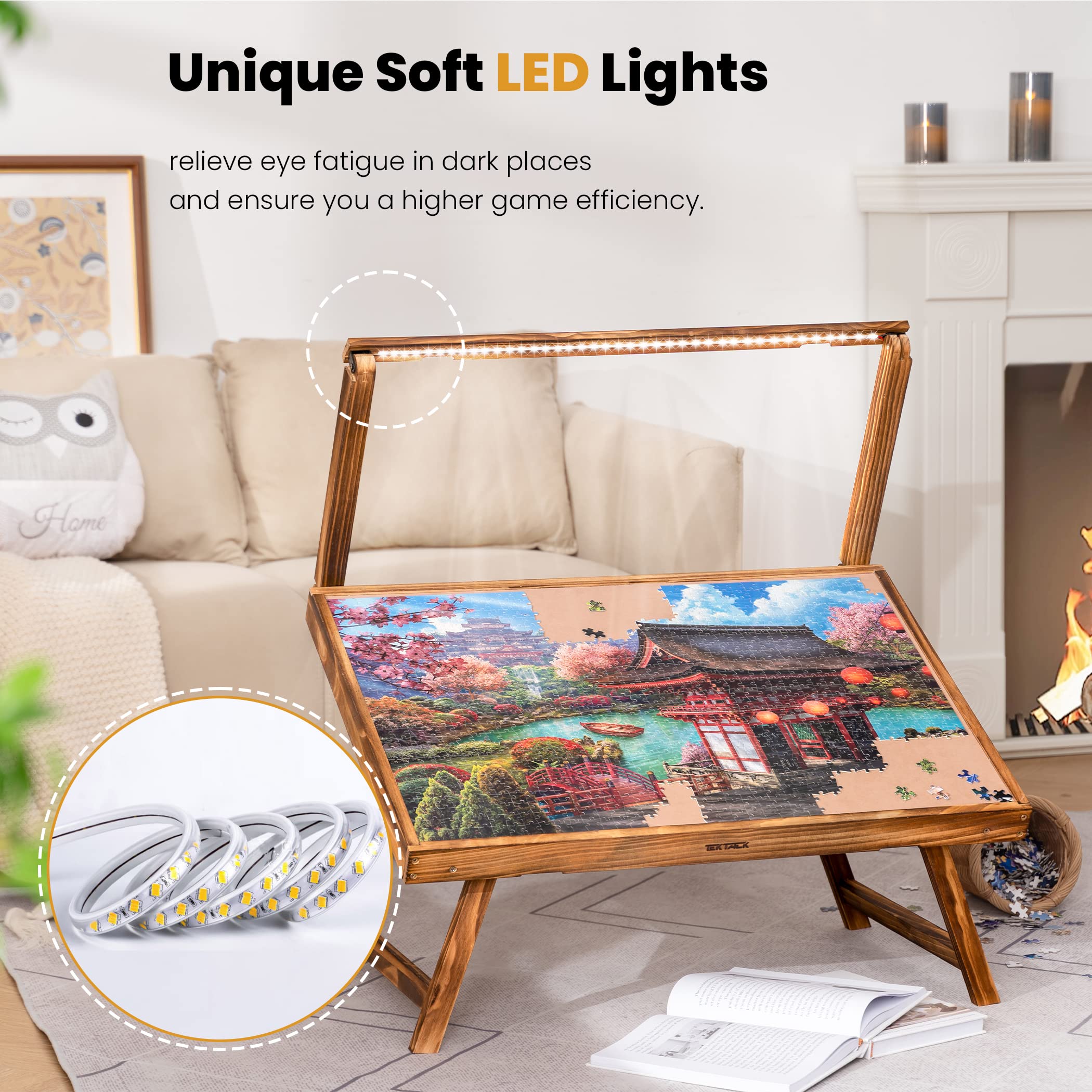 Premium LED Jigsaw Puzzle Table with Folding Legs & Cover - Adjustable Wooden Puzzle Board for Adults & Kids - 5 Angle Positions - Holds Up to 1000 Pieces - Perfect for Family Game Nights, Relaxation & Puzzle Storage