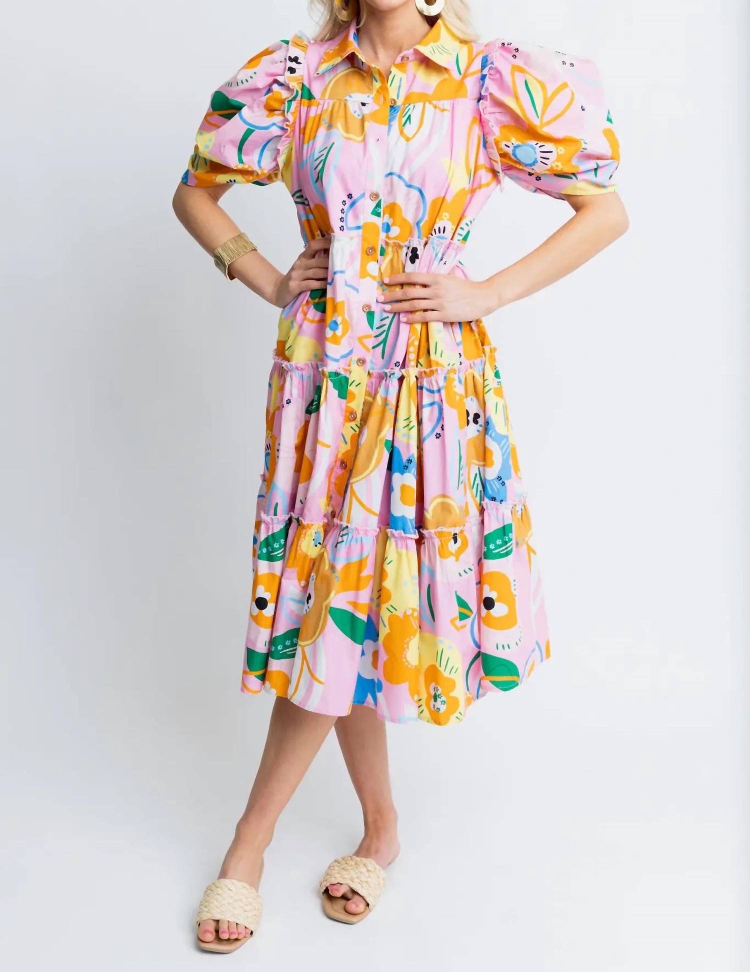 Hey There, Delilah Poplin Artist Midi Dress in Pink - Flowy Summer Dress for Women, Perfect for Date Night, Beach Vacation & Brunch Outings
