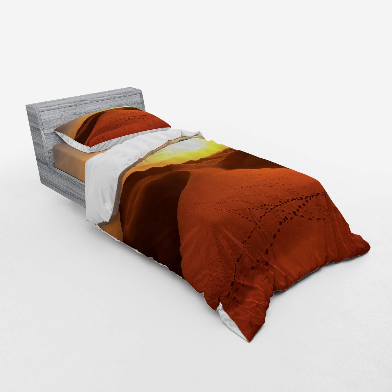 Ambesonne Desert Duvet Cover Set - Sunrise Footprints on Sand Dunes Dubai Landscape 3-Piece Bedding Set with Pillow Sham & Fitted Sheet, Twin Size Dark Orange Yellow - Perfect for Travel Lovers & Bedroom Decor