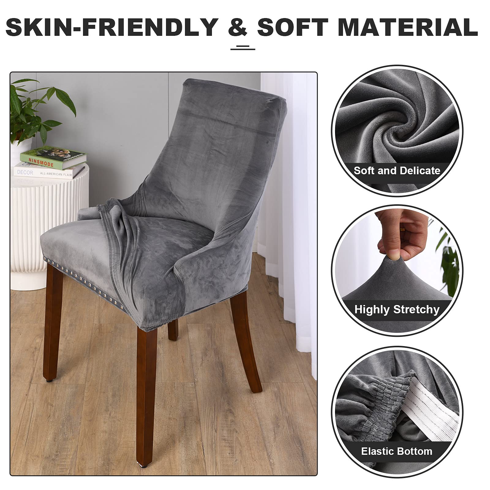 OKYUK 2-Pack Velvet Wingback Chair Slipcovers - Stretchable, Washable Armchair Protectors for Dining Room, Banquet & Home Decor (Dark Gray) | Perfect for Living Room, Office & Party Furniture Protection