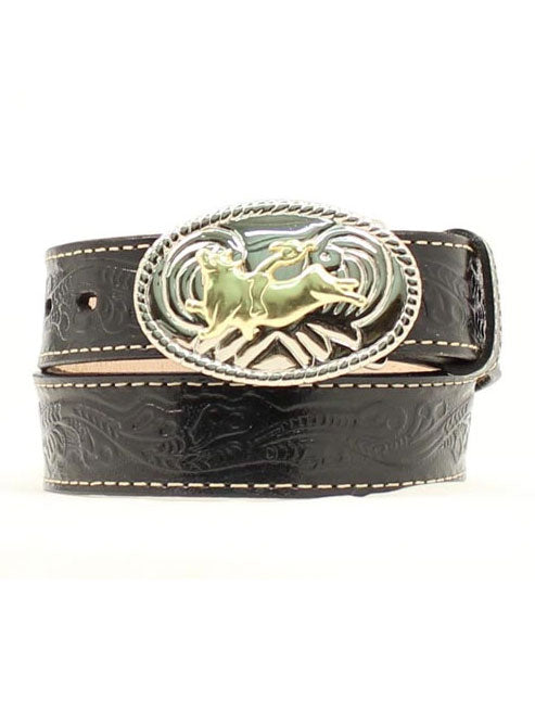 Nocona N4410401 Kids Western Belt with Bullrider Buckle - Black Leather Belt for Boys & Girls - Perfect for Rodeo, Cowboy Boots & Western Outfits