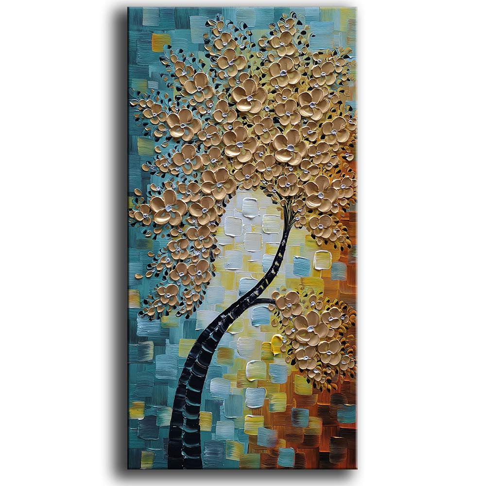 YaSheng Art - 3D Abstract Tree Oil Painting on Canvas with Golden Flowers, Modern Textured Wall Art for Living Room & Bedroom Decor, Ready to Hang (24x48 Inches) - Perfect for Home, Office & Gift Giving