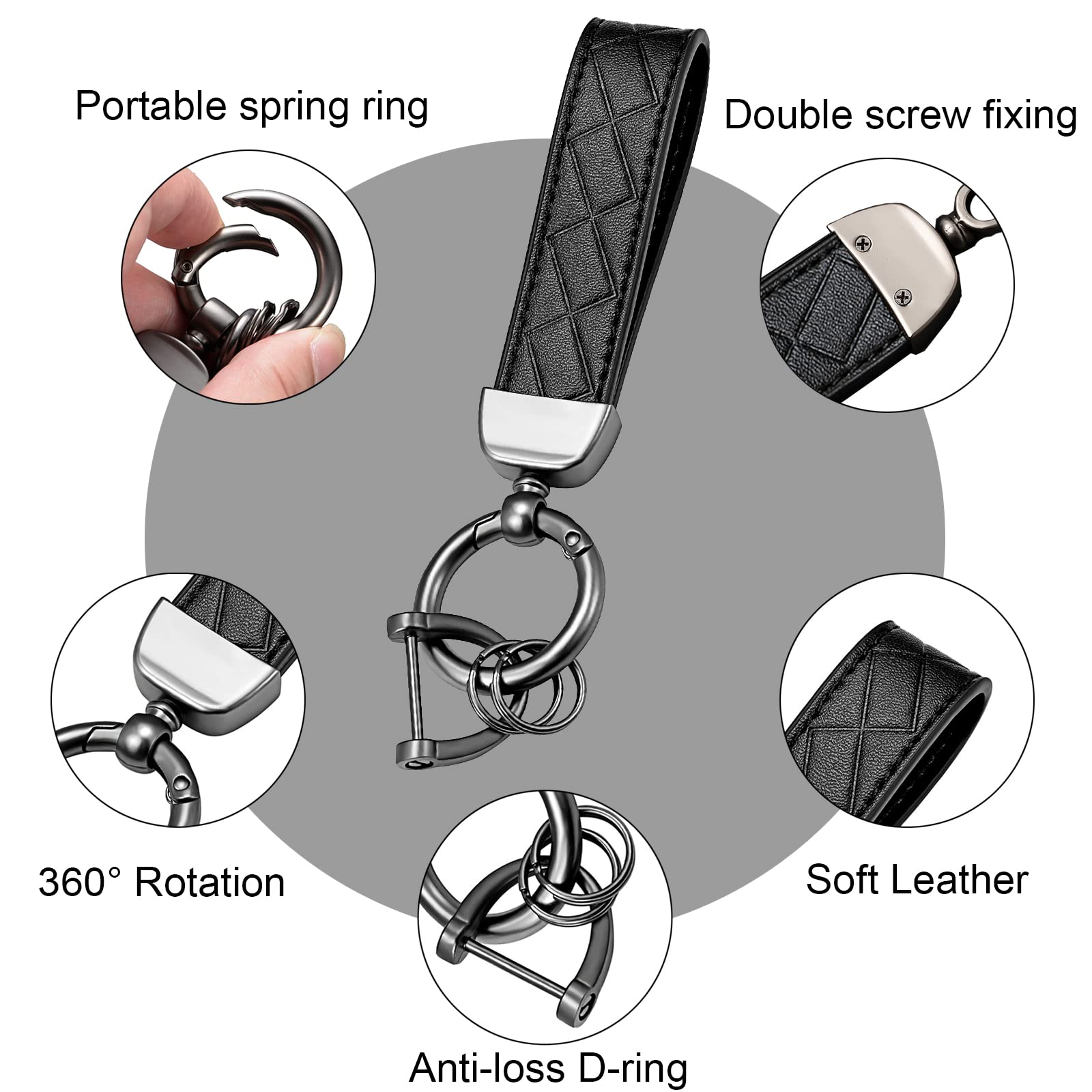Leather Car Keychain with D-Ring - Universal Rotatable Key Holder for Men & Women, Anti-Lost Key Fob (Black) - Perfect for Car Keys, House Keys & Daily Organization