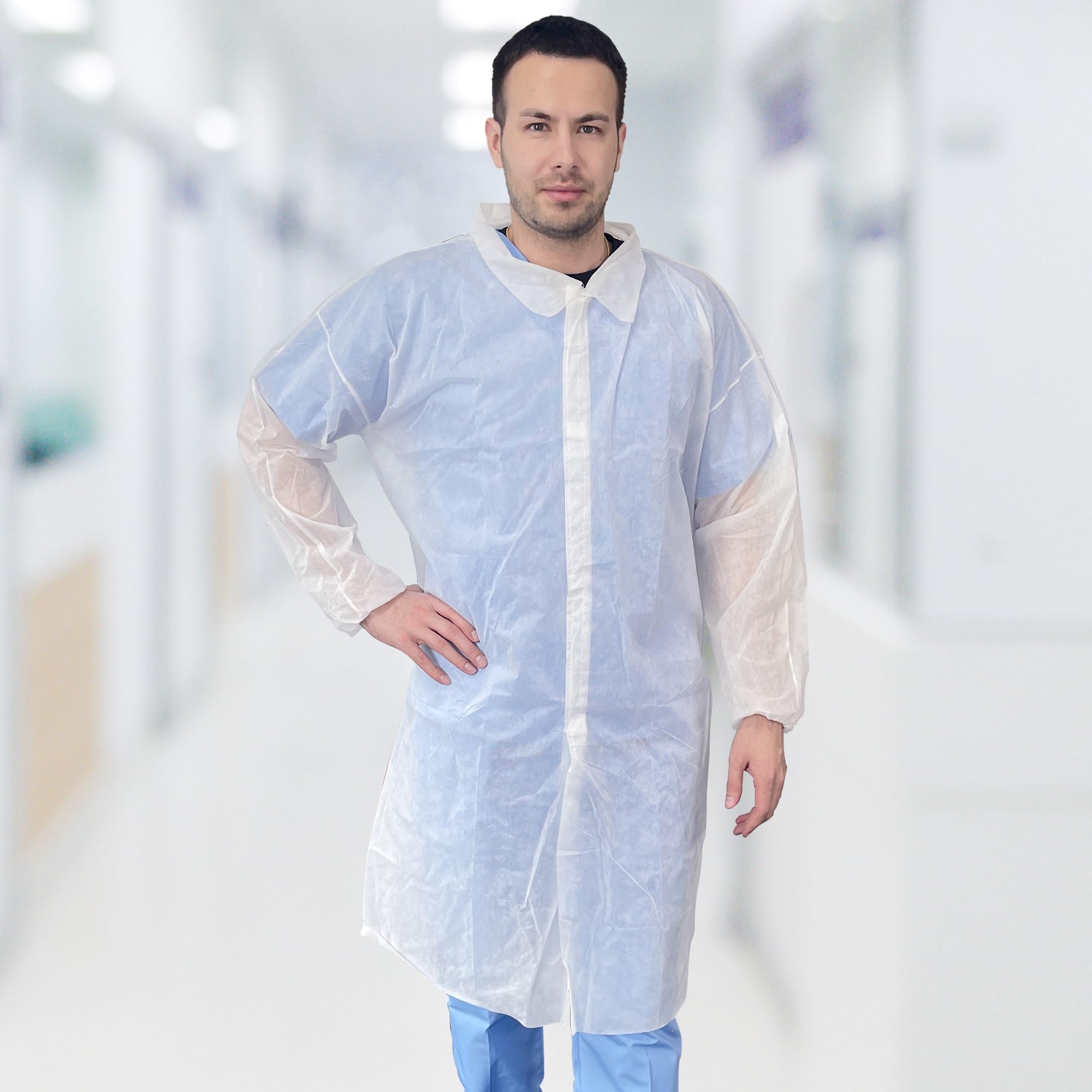 Disposable Lab Coats for Adults - 3X-Large, Pack of 25 White Polypropylene Medical Coats (30 GSM) with Elastic Cuffs & 4 Snaps - Ideal for Healthcare Workers, Laboratories, Cleanrooms & Food Service Industry