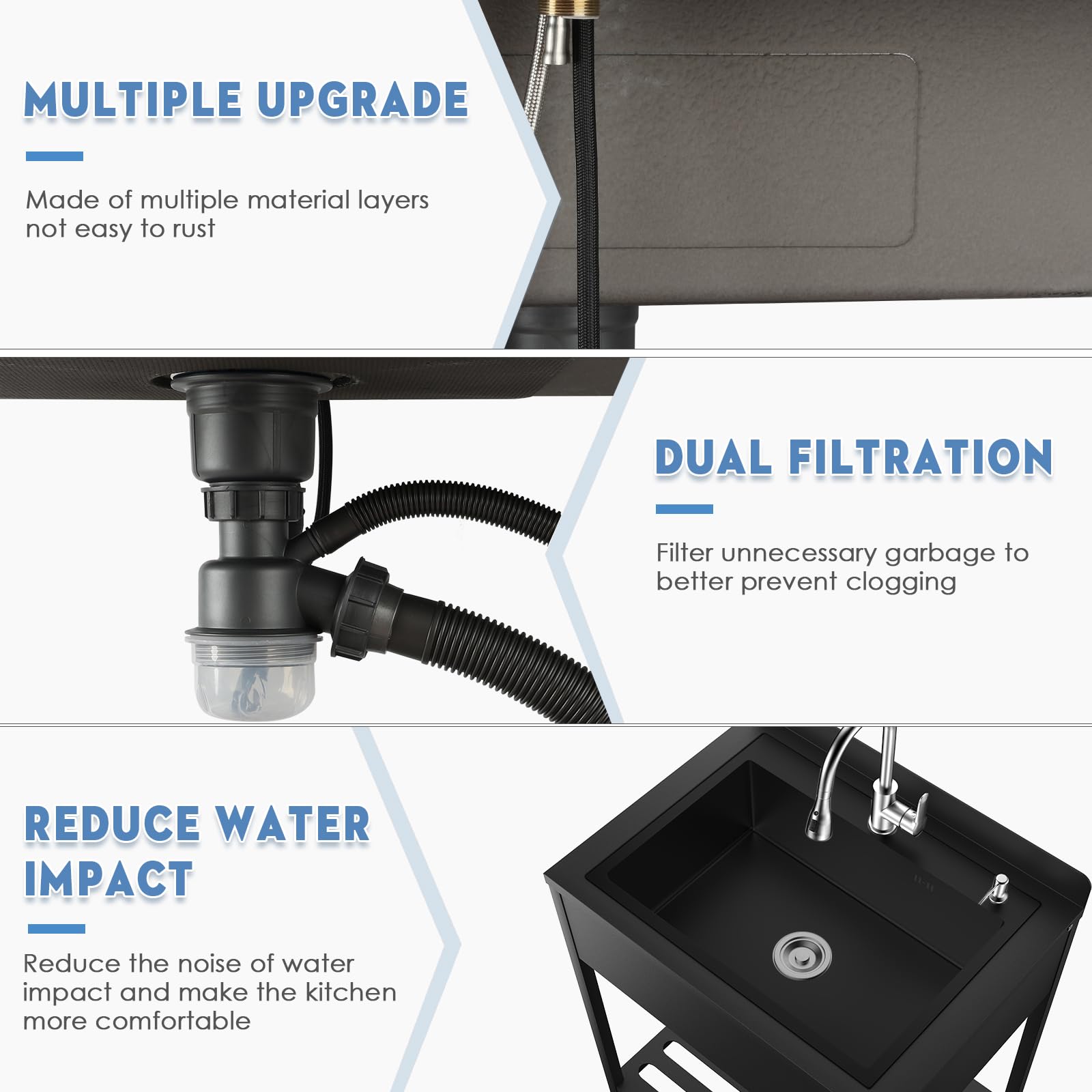33 Inch Stainless Steel Utility Sink with Hot & Cold Water Faucet - Commercial Kitchen & Outdoor Sink with Drain Kit - Heavy Duty Laundry Sink for Bathroom, Garage, Workshop & RV Use (Black)