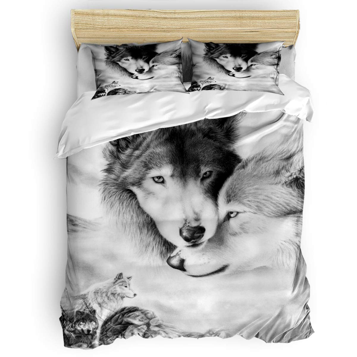 Queen Size 4-Piece Duvet Cover Set with Two Wolves Animal Print - Includes 1 Duvet Cover, 1 Fitted Sheet & 2 Pillowcases - Soft Bedding Set for Cozy Home Decor - Perfect for Master Bedroom, Guest Room or Cabin Retreat