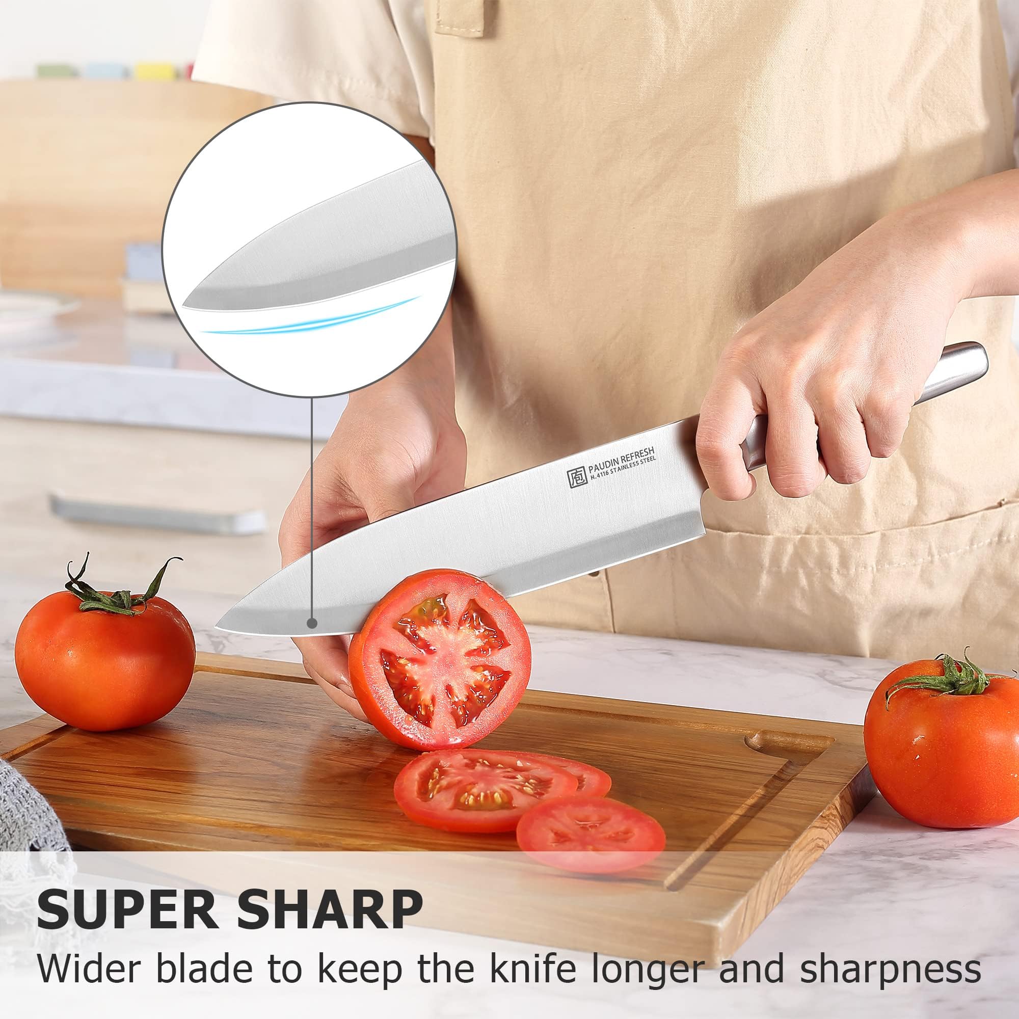 PAUDIN 8-Inch Chef Knife - High Carbon German Stainless Steel Kitchen Knife - Ultra Sharp Professional Chef's Knife with Ergonomic Hollow Handle - Perfect for Slicing, Dicing & Chopping Vegetables, Meat & Fruits (Silver)