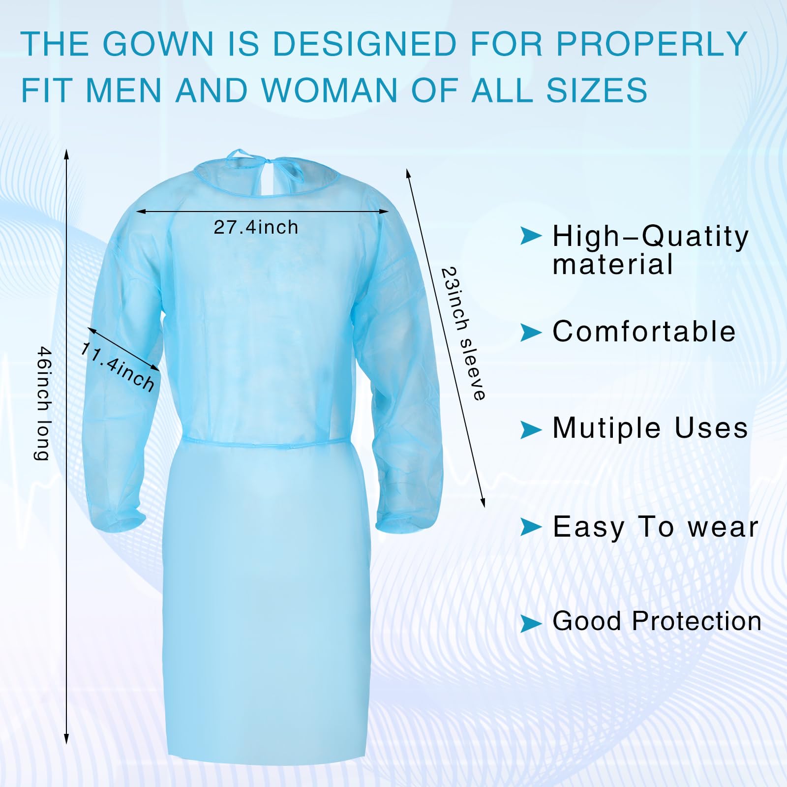 Xuhal 300 Pack Disposable Isolation Gowns - Bulk PPE Gowns with Fully Closed Design & Double Tie Back Elastic Cuffs for Home, Labs, Dental, Beauty Salons, Tattoo Studios - Unisex Blue Protective Wear for Safety & Hygiene