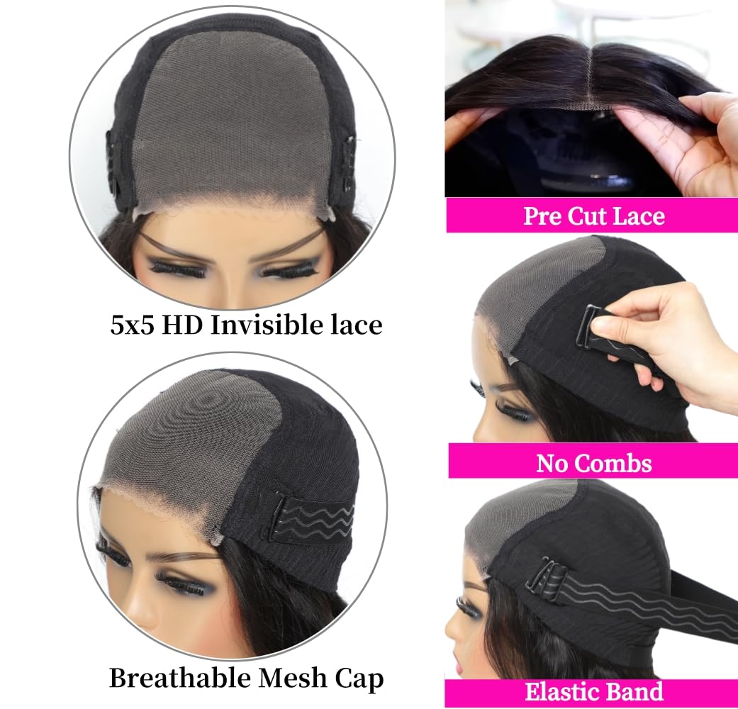 5X5 HD Lace Closure Wigs Human Hair - Brazilian Body Wave 180 Density Glueless Wig with Pre Plucked & Pre Cut Lace - No Glue Needed for Easy Wear & Go - Perfect for Daily Use, Parties, Weddings and Special Occasions