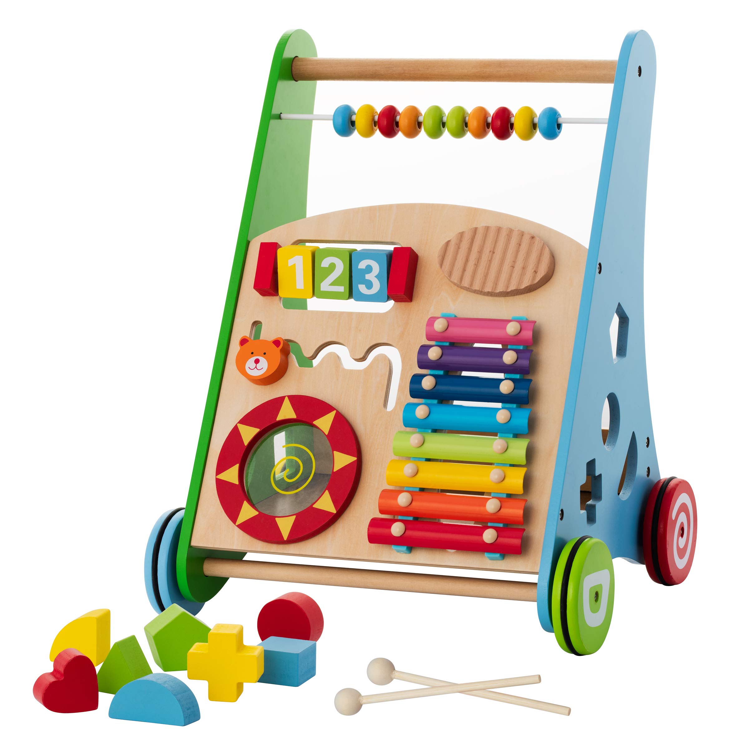 KIDDERY TOYS Wooden Push Pull Learning Walker for Toddlers - Baby Activity Toy with Multiple Play Centers - Develop Motor Skills & Creativity - Perfect for Boys & Girls 1-3 Years Old - Great for Playtime, Early Learning & Nursery Decor