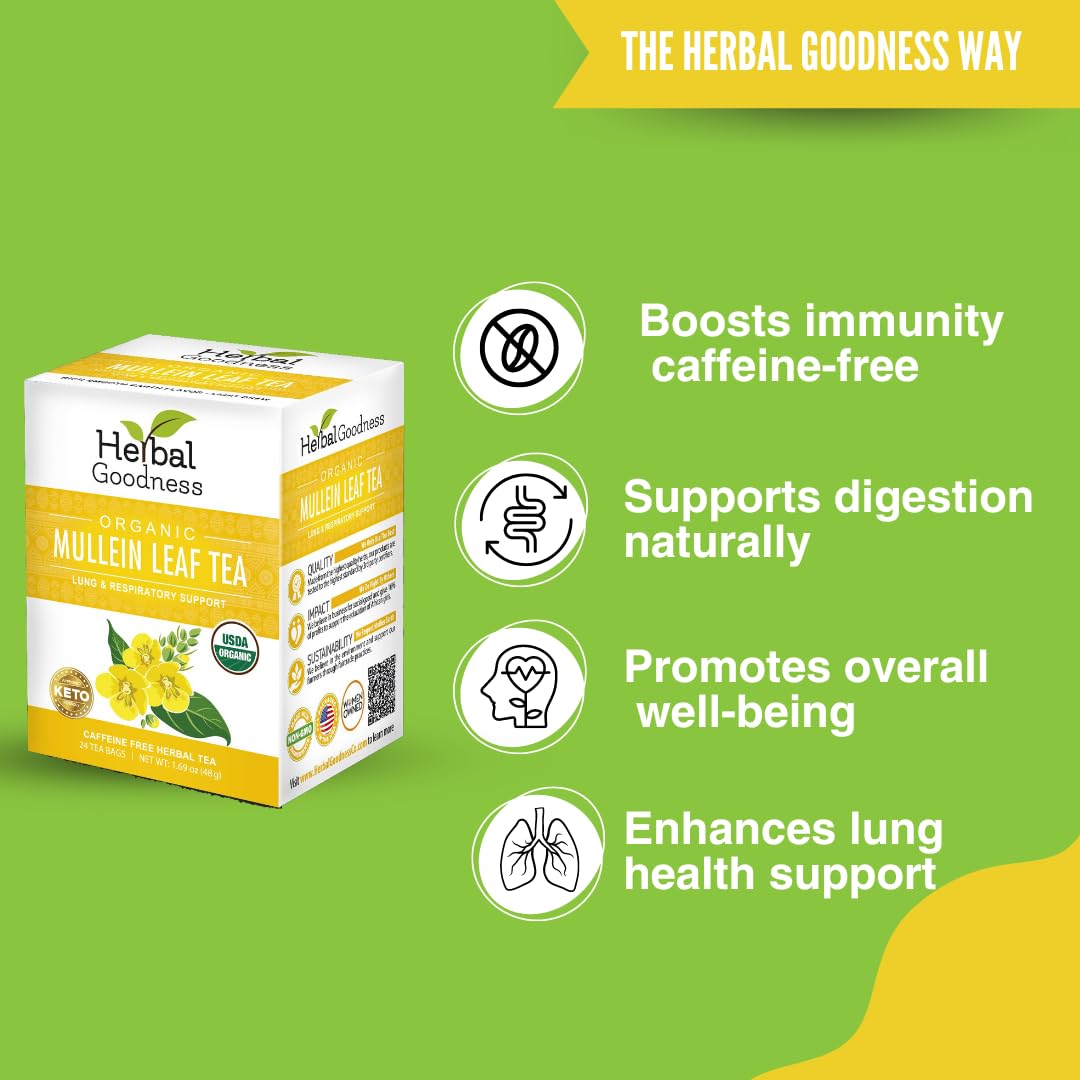 Organic Mullein Leaf Tea Bags - Supports Lung & Respiratory Health, Boosts Immune & Digestive System, 24 Herbal Tea Bags for Wellness | Perfect for Cold Relief, Allergy Season & Daily Detox