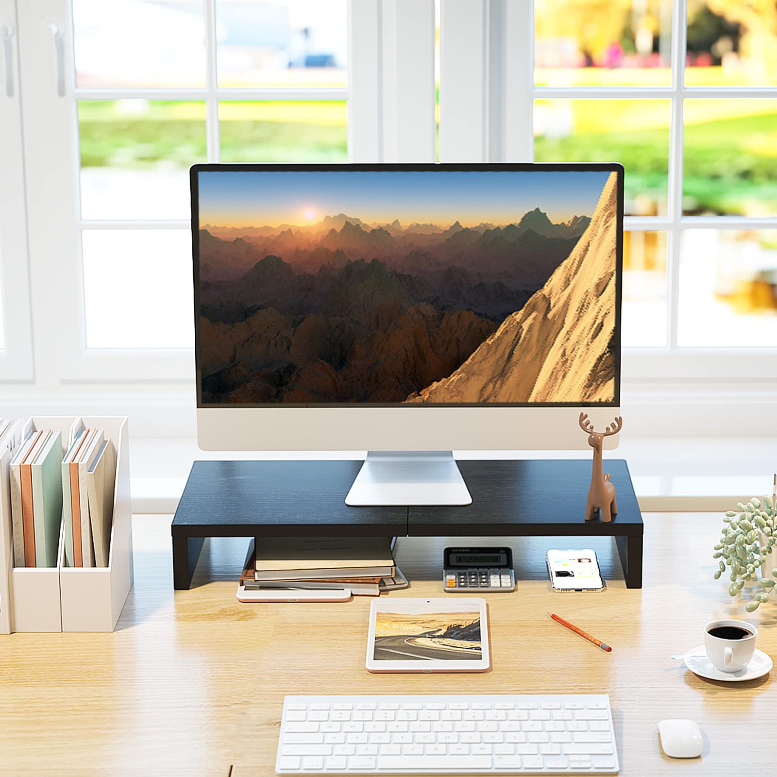 TEAMIX 20 Inch Wooden Monitor Stand Riser - Adjustable Desk Organizer for Computer, Laptop, TV & Printer - Ergonomic Workspace Solution with Keyboard Storage - Perfect for Home Office & Gaming Setup (Black)