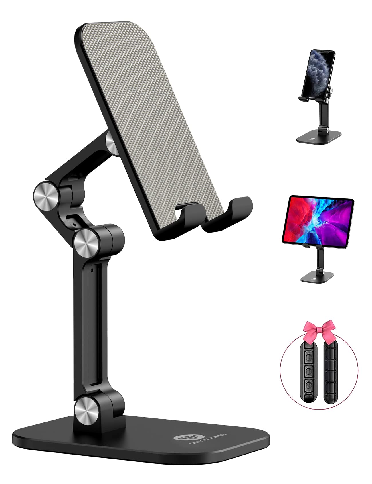 OCYCLONE Adjustable Phone Stand for Desk with 2 Cable Organizers - Foldable Phone & Tablet Holder for iPhone, iPad (4-12.9 Inch) - Perfect for Home Office, Watching Videos & Hands-Free Calling