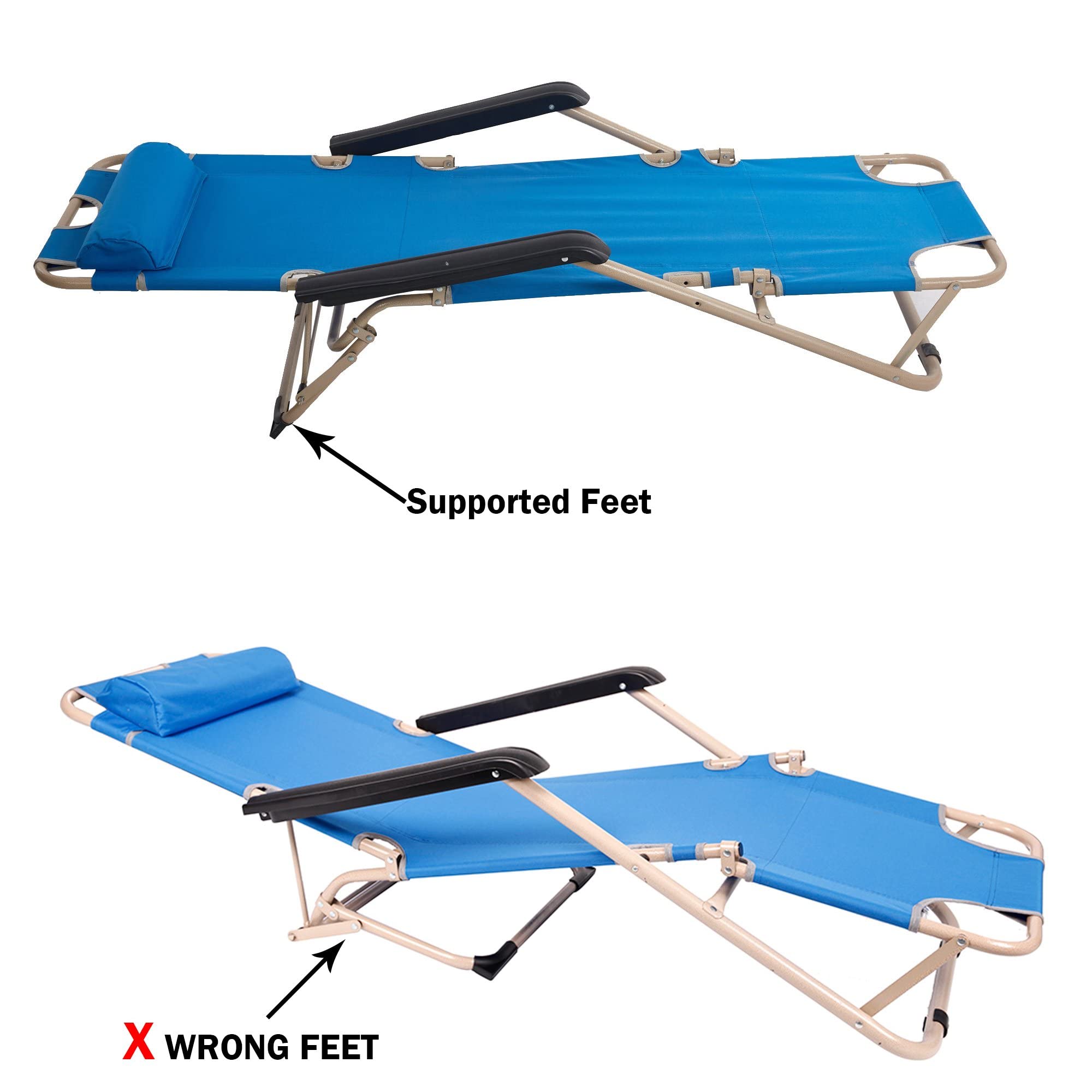 LUCKYERMORE 4 Pack Patio Lounge Chairs - Foldable Flat Cot Outdoor Camping Recliners for Beach, Lawn, Pool & Backyard - 60
