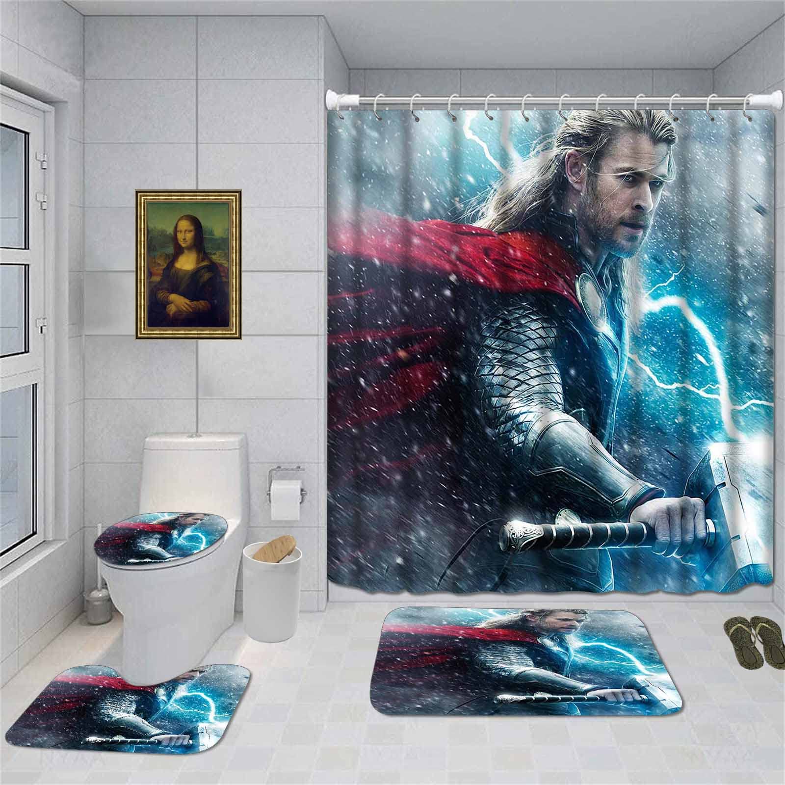 Thor Superhero 4-Piece Bathroom Set - Waterproof Shower Curtain, Non-Slip Rugs & Toilet Mat with 12 Hooks (72x72 Inch) - Cartoon Theme Home Decor for Kids & Adults - Perfect for Superhero Themed Bathrooms & Gifts