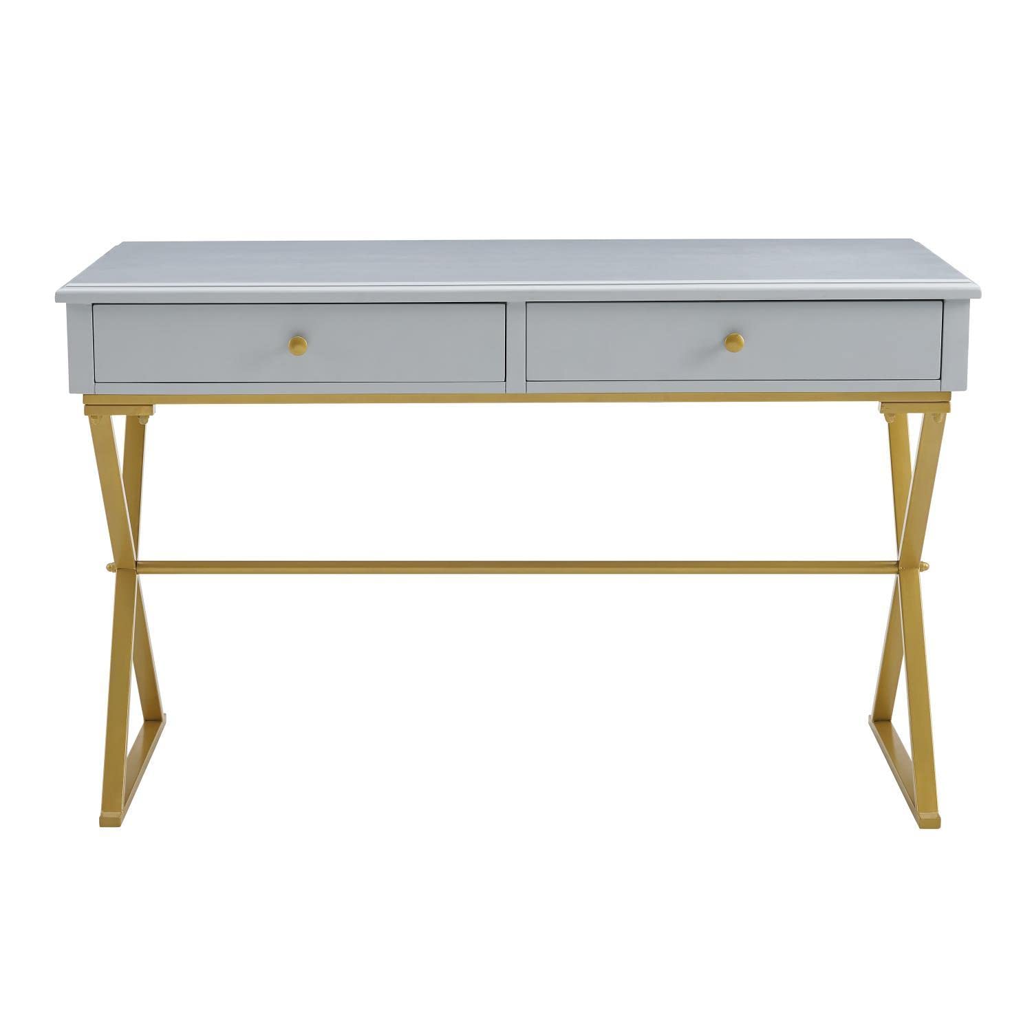 Linon Campaign 2-Drawer Writing Desk in Grey - Compact Home Office Furniture for Small Spaces, Study & Workstation Use