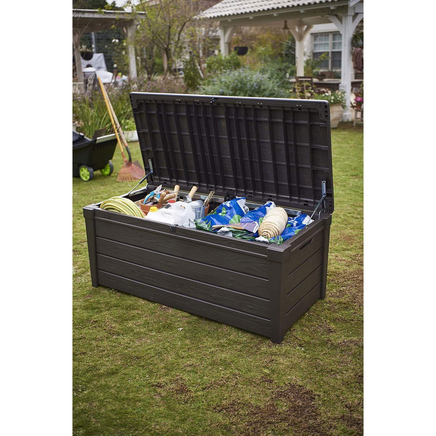 Keter 120 Gallon Outdoor Storage Deck Box - Waterproof Patio & Pool Storage Bin, Large Deck Box for Cushions, Toys & Garden Tools - Brown Weather-Resistant Container for Backyard, Poolside & Patio Organization