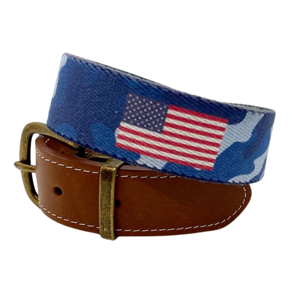 Doc Murphy Cut To Fit Belt - American Flag & Blue Camo Design with Silver Buckle - Adjustable Belt for Men & Women - Perfect for Outdoor, Work, and Casual Wear