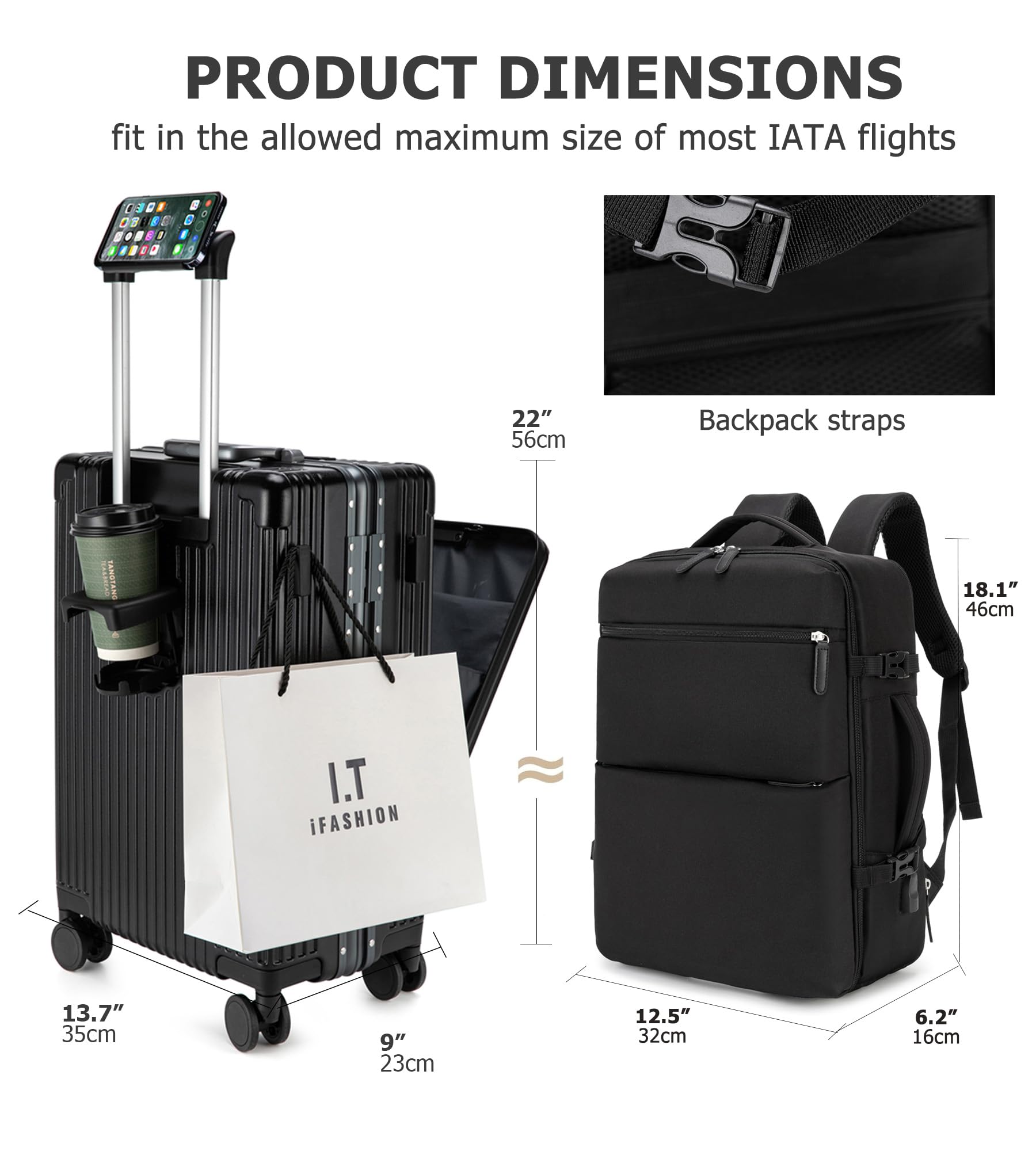 Feilario 2-Piece 20-Inch Aluminum Frame Hardside Spinner Luggage Set with TSA Lock, Cup Holder & Phone Holder - Perfect for Air Travel, Business Trips & Weekend Getaways