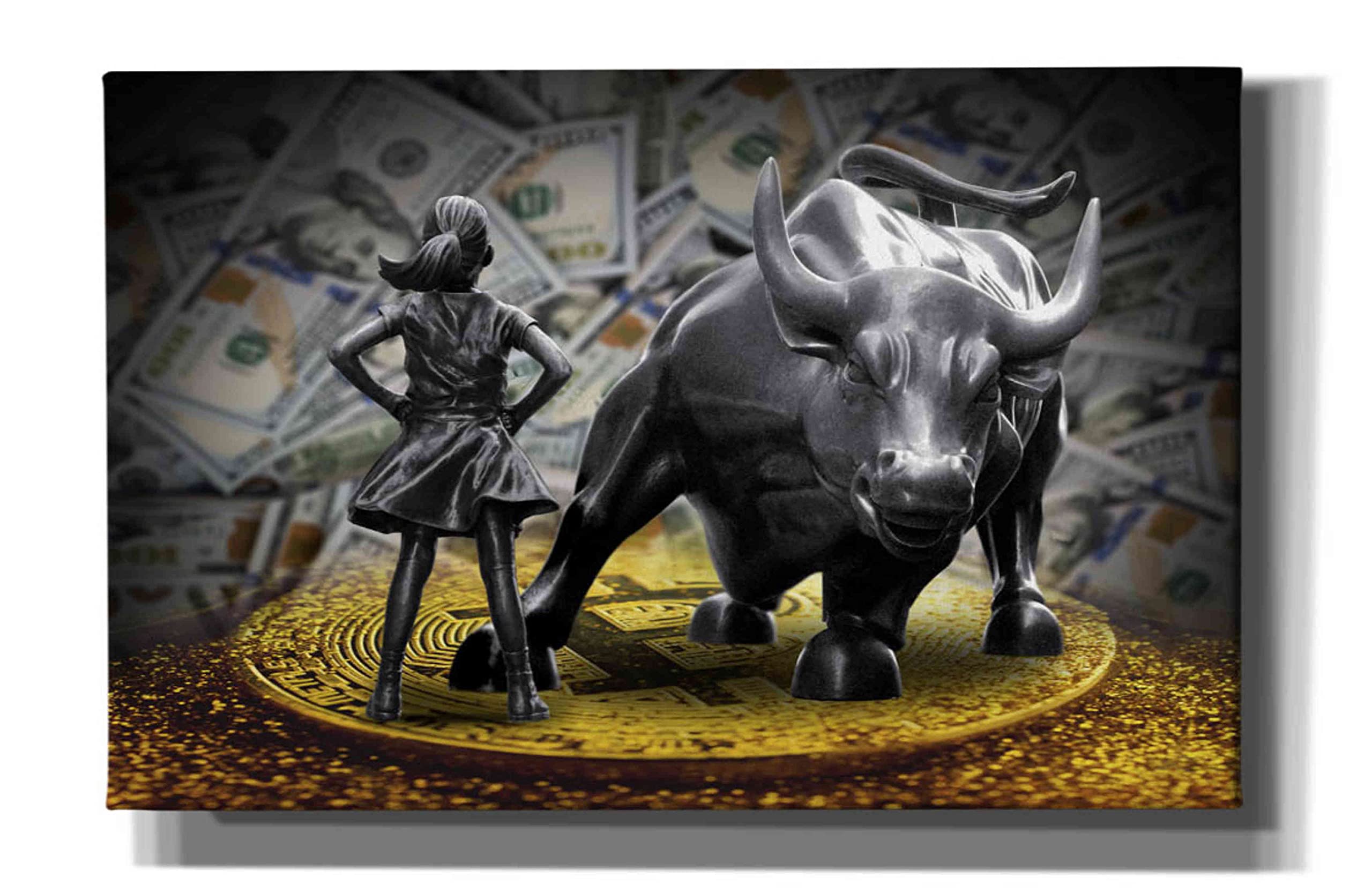 Epic Graffiti 'Fearless Girl and Charging Bull on Bitcoin' Canvas Wall Art Print - 40x26 Inches Modern Street Art Decor for Living Room, Office & Urban Style Spaces