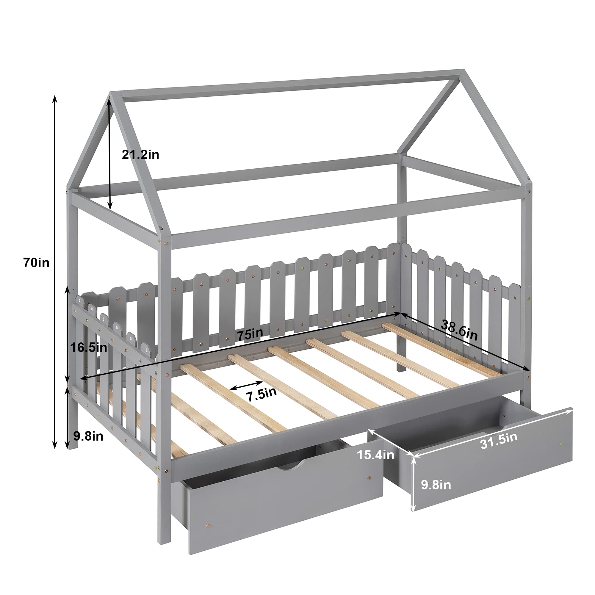 **Kids Twin Size Wooden House Bed Frame with 2 Drawers, Fence Guardrail & Roof - Semi-Enclosed Play Space, No Box Spring Needed (Gray) - Perfect for Bedrooms, Playrooms & Imaginative Play**