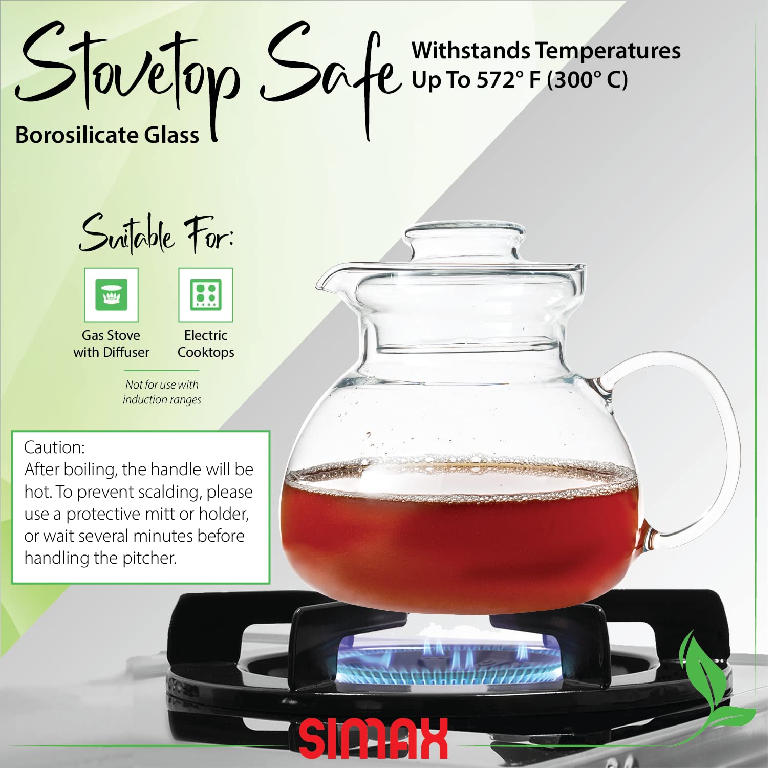Simax Glass Teapot - 1 Quart/4 Cup Stovetop & Microwave Safe Tea Kettle with Spout for Boiling Water - Perfect for Loose Leaf Tea, Herbal Infusions & Serving Hot Beverages