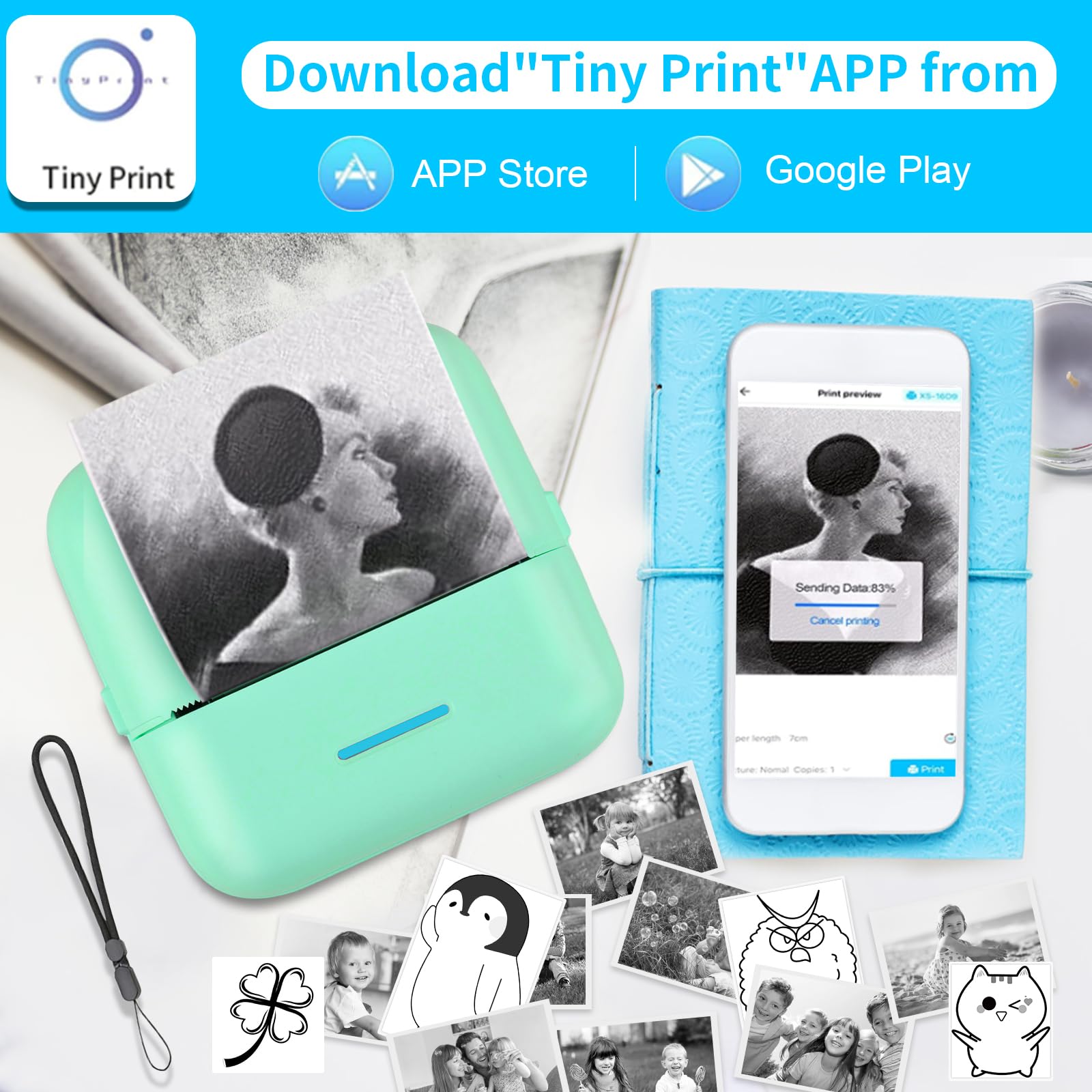 HuiJuKeJi Mini Sticker Printer - Portable Bluetooth Thermal Printer for iOS & Android with 11 Rolls Inkless Paper - Print Photos, Receipts, Journals, Notes & Memos - Perfect for DIY Crafts, Scrapbooking & Home Organization (Green)