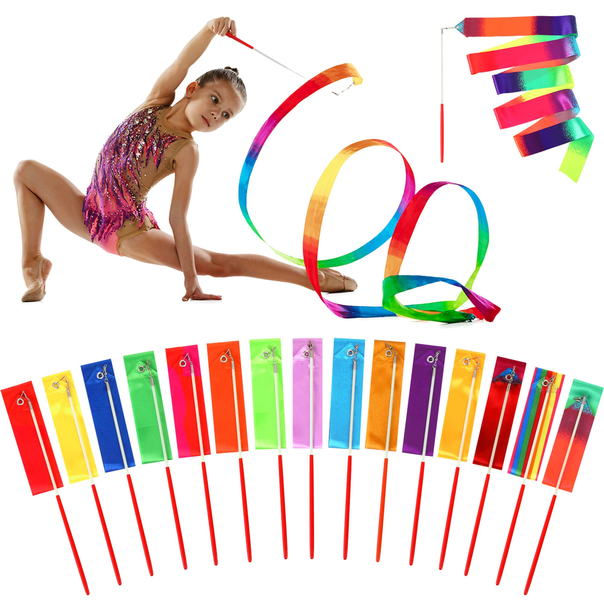 Yilloog 78.7 Inch Gymnastics Ribbon Dancing Wands - Rainbow Artistic Streamers for Twirling & Dance Performances | Perfect for Birthday Party Decorations, Girls Games, Gymnastics Practice & Stage Shows
