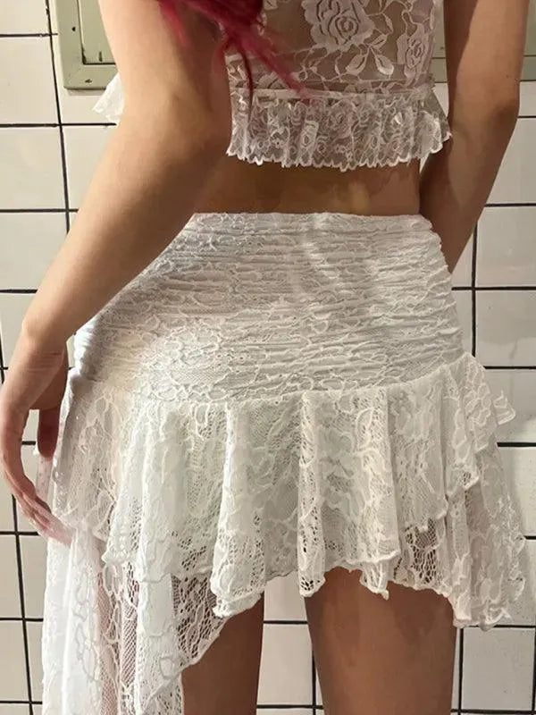 Lace Irregular Ruffled Mini Shirt for Women - Boho Chic Vintage Style Blouse - Perfect for Date Night, Party & Casual Outfits