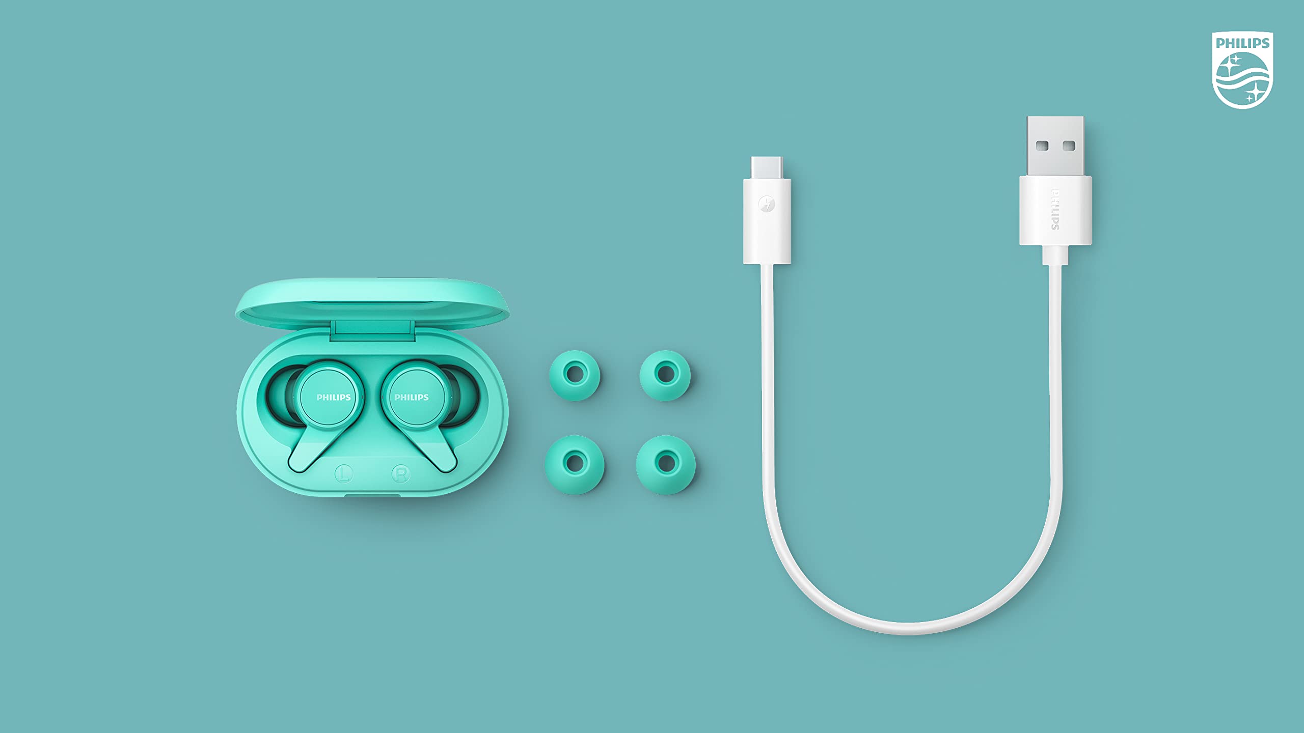 PHILIPS T1207 True Wireless Earbuds - 18H Playtime, IPX4 Waterproof, Bluetooth 5.0, Noise Cancelling Headphones for Running, Gym, Workout & Travel (Teal)