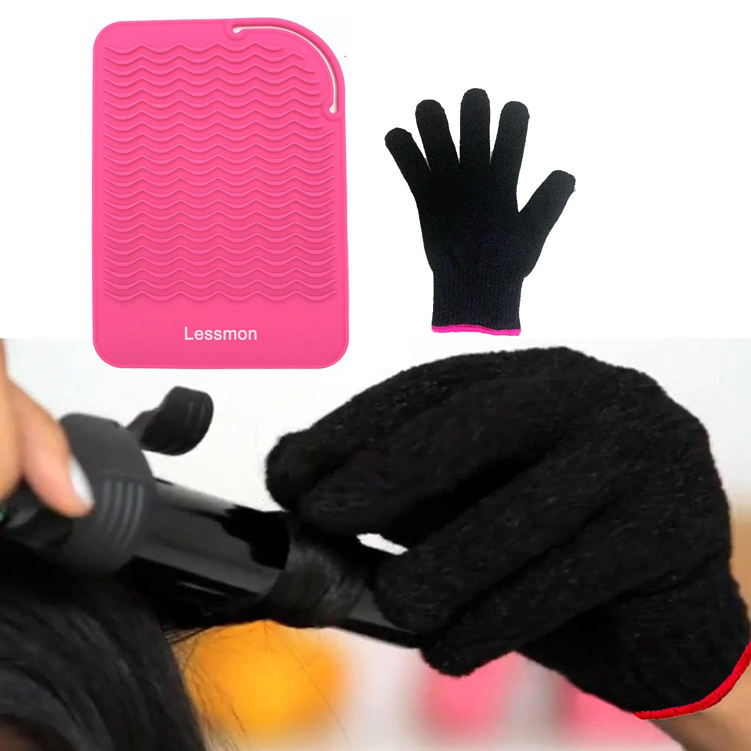 Heat Resistant Travel Mat for Flat Irons & Curling Irons - 9” x 6.5” Pink Counter Protector with Glove | Portable Heat Shield for Hair Straighteners & Styling Tools | Perfect for Travel, Home & Salon Use