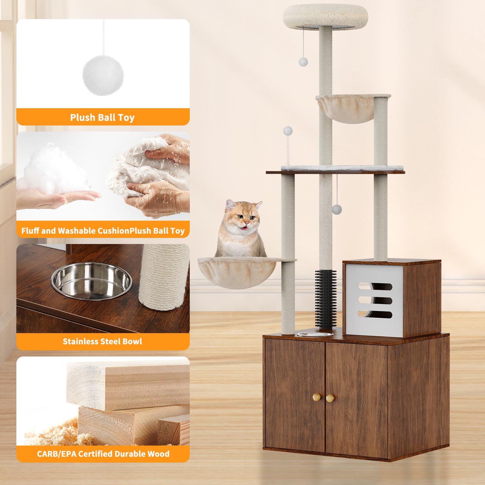 72 Inch Tall Cat Tree with Hidden Litter Box - All-in-One Cat Climbing Tower with Scratching Posts, Perch, Platform & Food Station - Multi-Level Indoor Cat Furniture for Small Spaces - Perfect for Apartments & Homes with Multiple Cats