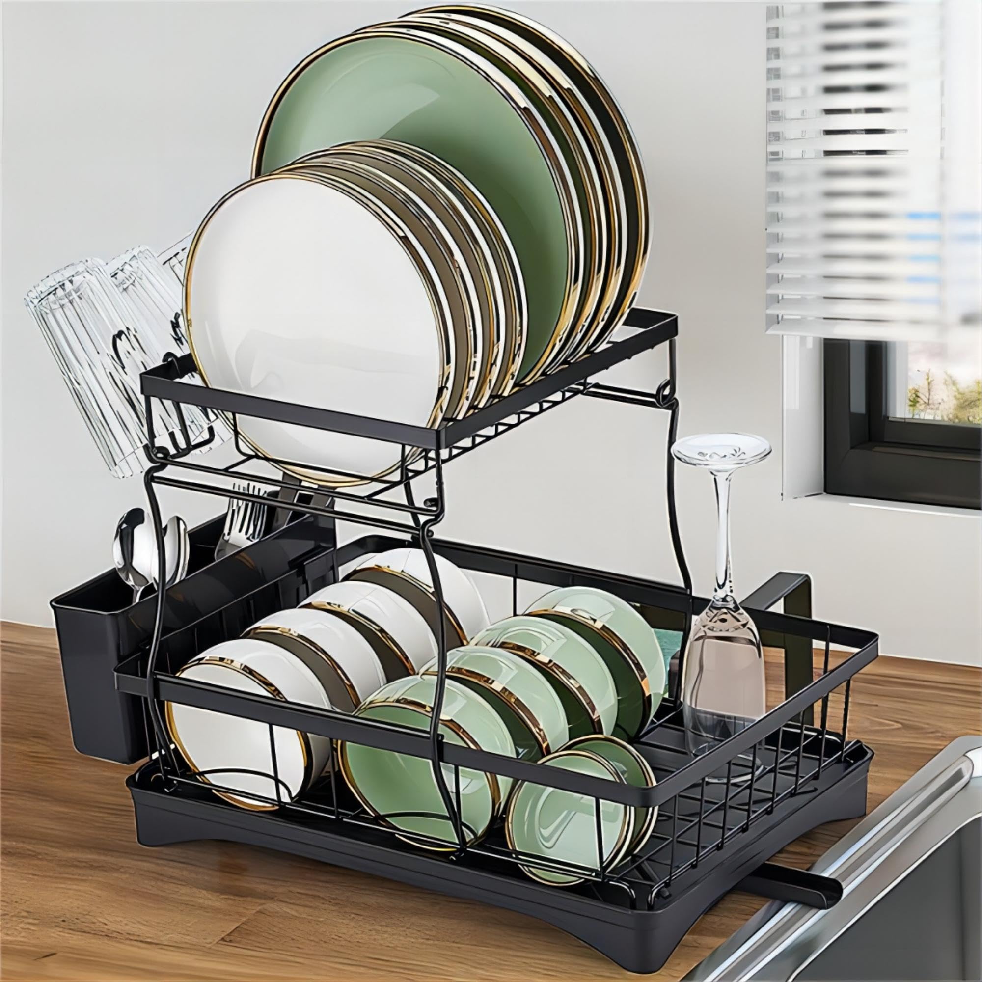 Premium 2-Tier Dish Drying Rack for Kitchen Counter | Over Sink Dish Drainer with Drain Board | Large Capacity Dish Organizer with Utensil & Wine Glass Holder | Space-Saving Kitchen Storage Solution | Perfect for Small Kitchens, Apartments & RV Use - Black