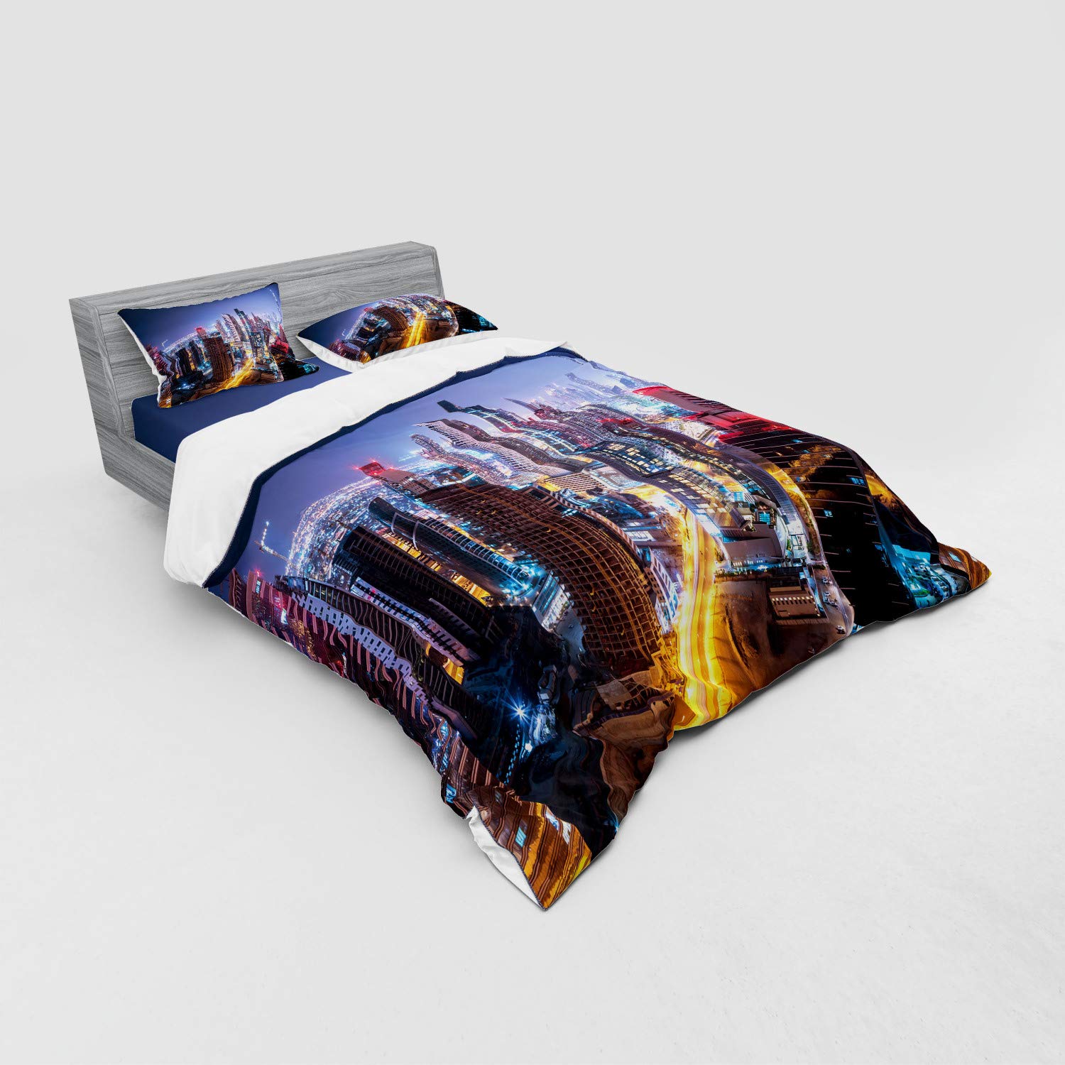 Ambesonne Dubai Skyline Bedding Set - 4 Piece Queen Size Duvet Cover with Shams & Fitted Sheet, Vibrant UAE Travel Theme for Modern Bedrooms | Perfect for Guest Rooms, Vacation Homes & Travel Enthusiasts
