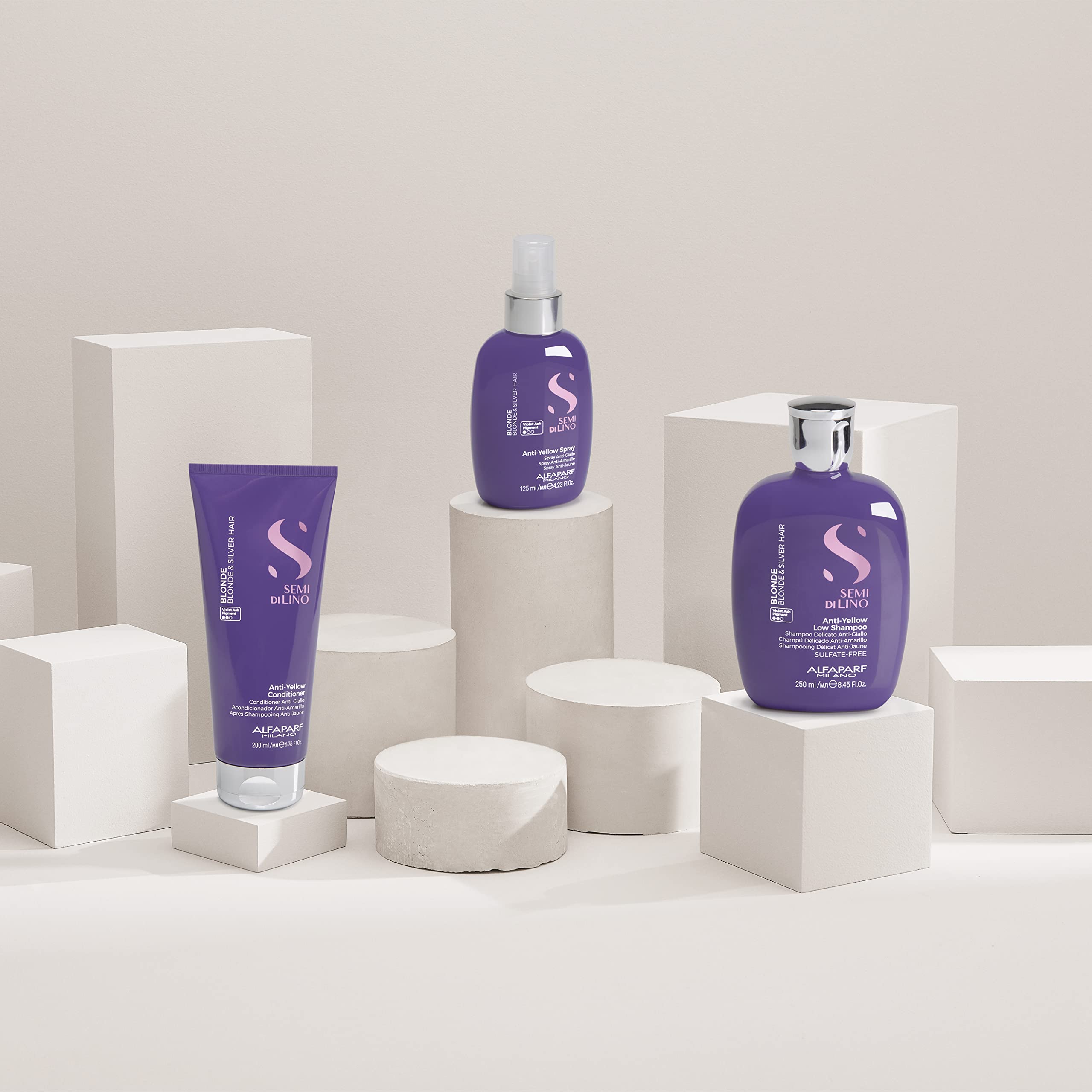 ALFAPARF MILANO Semi Di Lino Blonde Anti-Yellow Shampoo & Conditioner Set (8.45 oz Shampoo + 6.76 oz Conditioner) - Sulfate-Free Purple Shampoo for Blonde, Platinum & Silver Hair - Neutralizes Brassiness & Yellow Tones - Perfect for Color-Treated & Highlighted Hair at Home or Salon